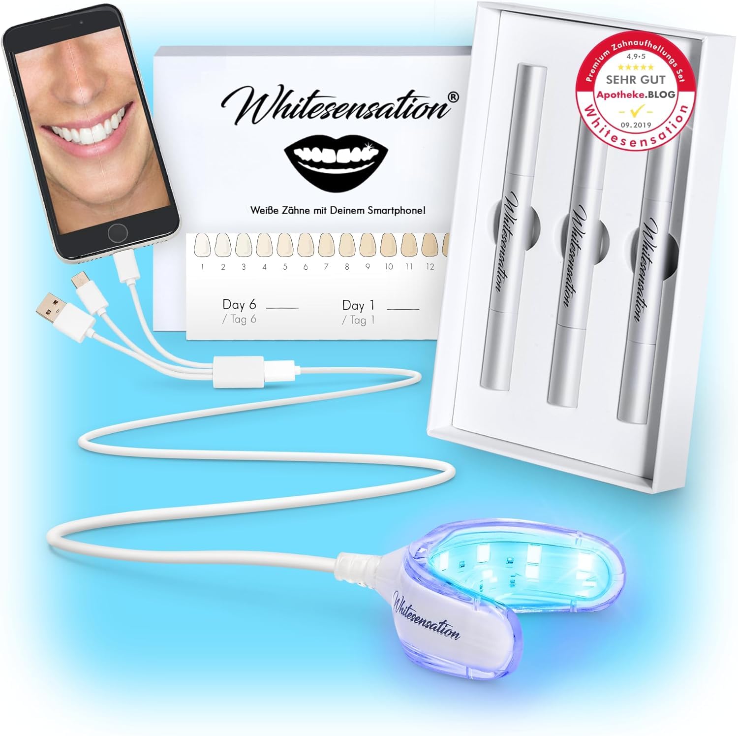 Whitesensation® Set di sbiancamento dei denti premium con guida a LED, penna gel e strisce [l'originale] – Sbiancare i denti per denti bianchi in 6 giorni – Sbiancamento dei denti e sbiancamento –