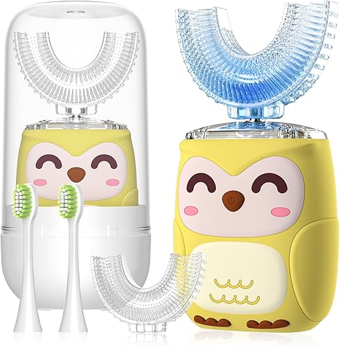 Cepillo de dientes eléctrico en forma de U para niños, cepillo de dientes para niños pequeños con 2 cabezales de cepillo en forma de U, 2 reemplazos