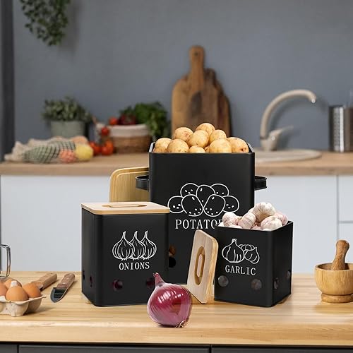Miniatura 7 de WUWEOT Paquete de 3 latas de almacenamiento de verduras, botes de almacenamiento de patatas cebollas y ajos, organizador de verduras frescas de