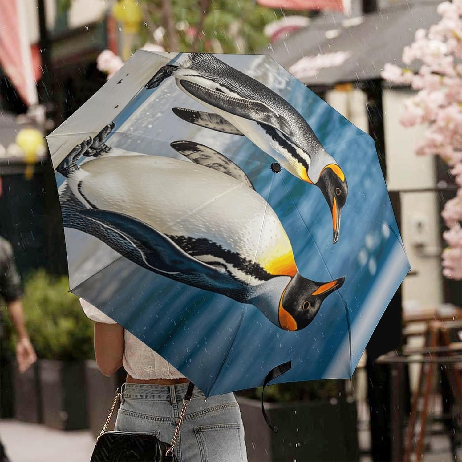 Foldable Windproof Umbrella Lightweight Portable Automatic Penguin And Sea Travel Umbrella Fits Car Backpack