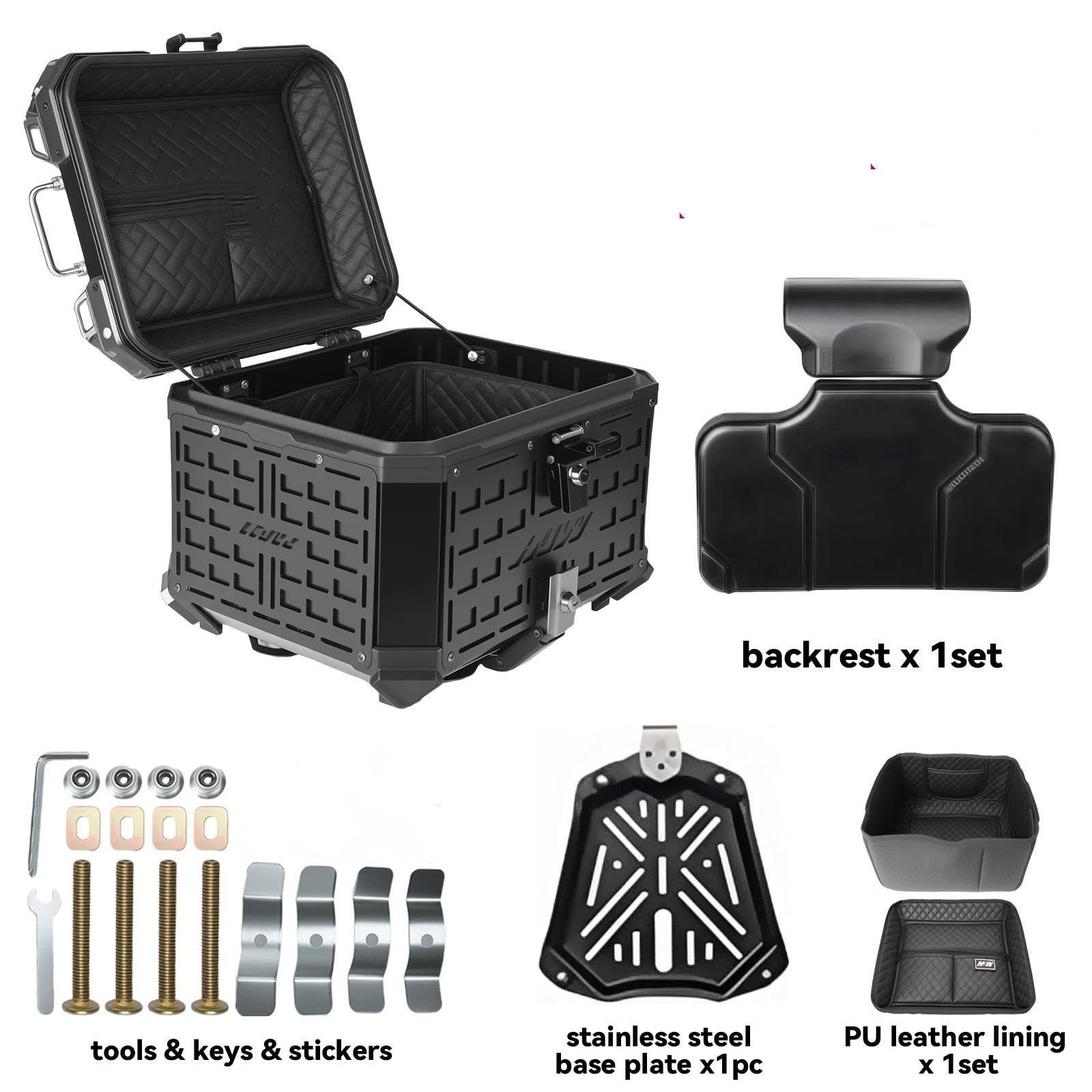 Top Case Moto Boîte en Alliage D'aluminium CNC 45L/55L/65L, Côté 38L avec Armure Épaisse, Étui Étanche, Coffre Casque Valise Moto(Armor-45L)