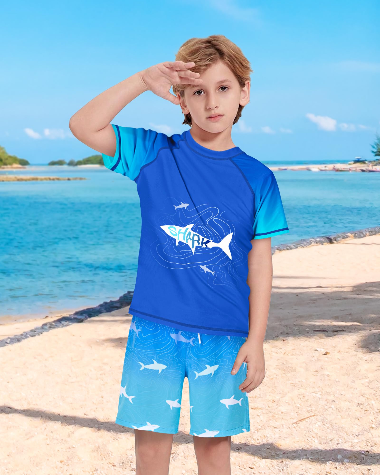 Conjunto de traje de baño de dos piezas para niños con camiseta de protección y traje de baño de manga corta para niños