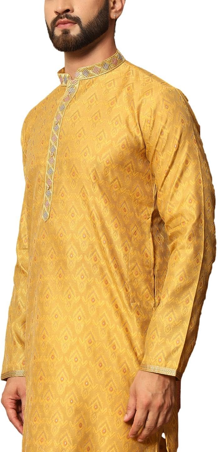 SK142 Men's Yellow Kurta Pajama Set Wedding Kurta Pyjama Indian Party Suit - Image 3