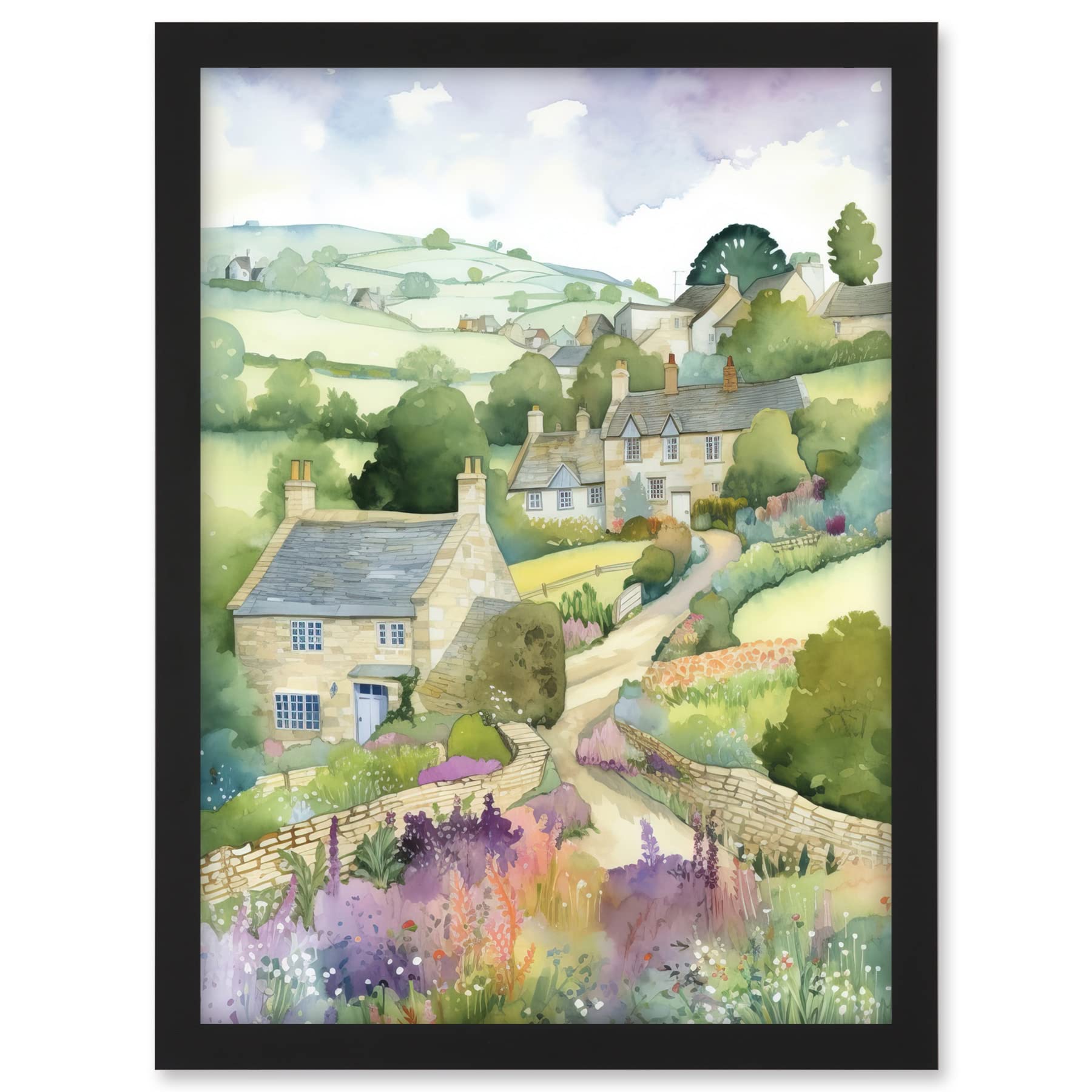 Artery8 Countryside Spring Landscape with Cottages Modern Watercolour Painting Artwork Framed A3 Wall Art Print