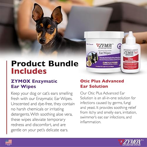 Miniatura 2 de Zymox Enzymatic - Toallitas para oídos y solución avanzada Otic Plus para oídos para perros y gatos, paquete de producto, para orejas sucias,