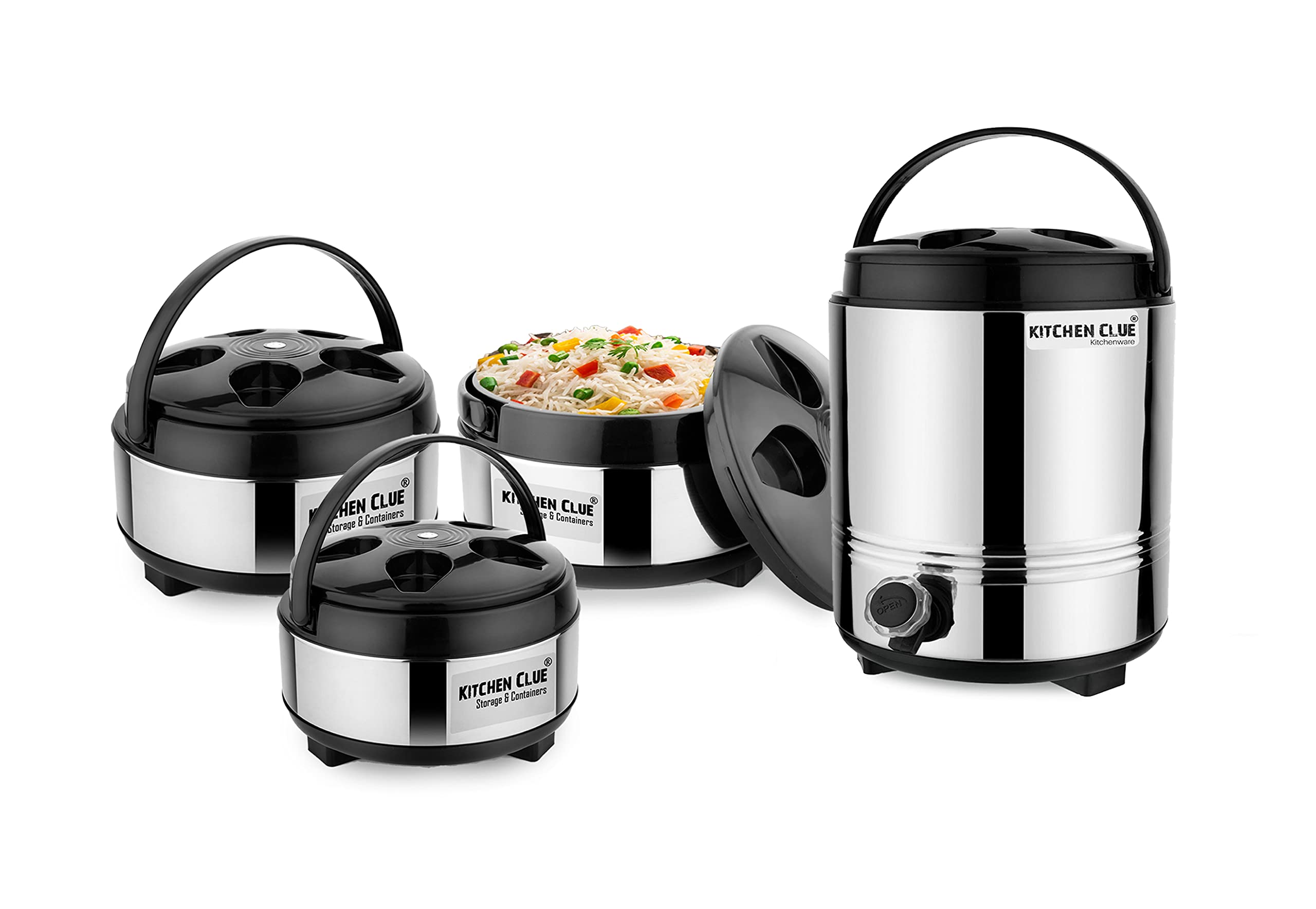 KITCHEN CLUE Stainless Steel Insulated Water Jug 5 Liter and 3 Casserole Food Warmer with Easy to Carry Handle (Aqua 6 + Desire 2500) Combo Set of 4 pcs I Thermoware Hot-Pot Box with Water Jug (B0B3BSBFJR) Amazon Price History, Amazon Price Tracker