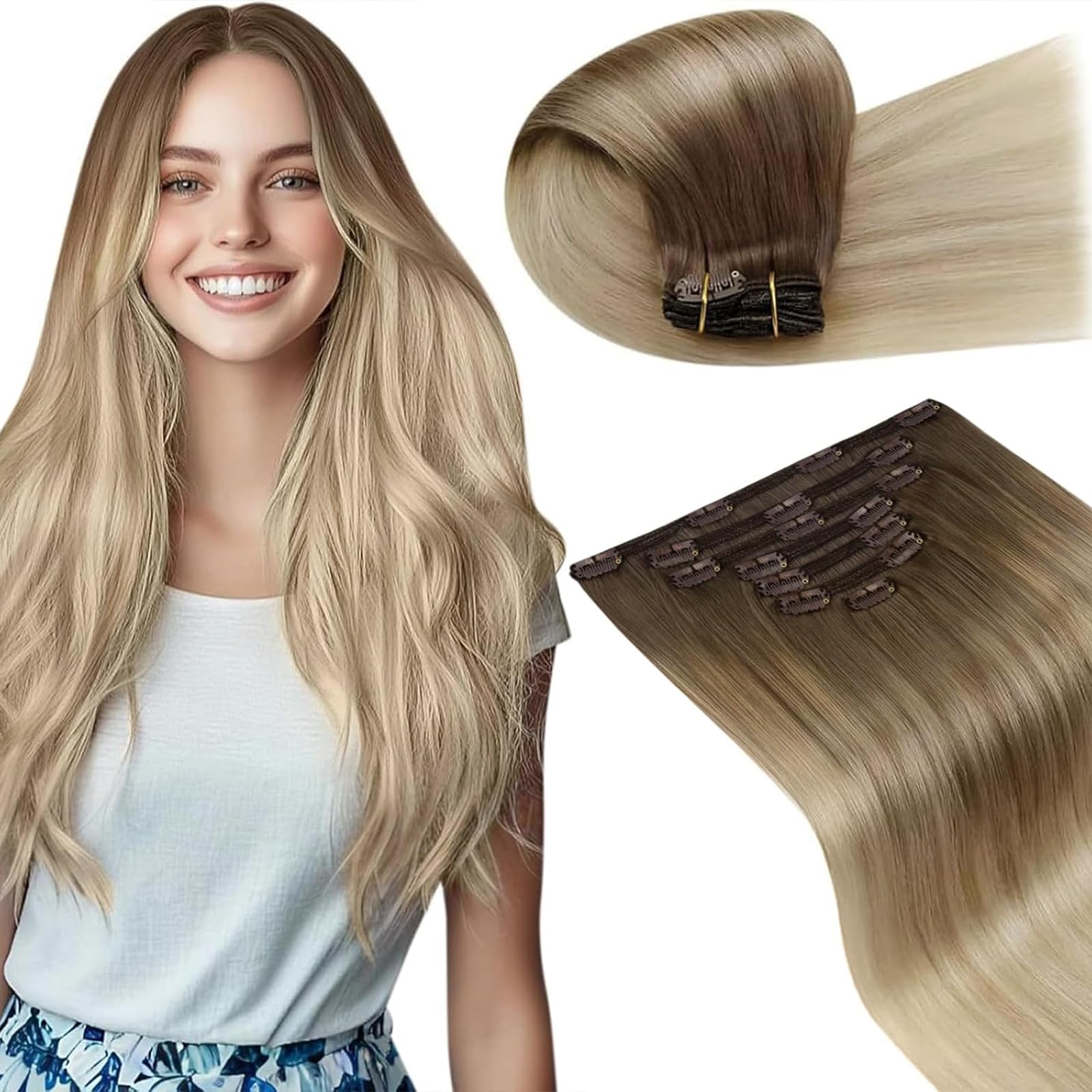 LaaVoo Clip in Hair Extensions Real Human Hair Blonde Hair Extensions Clip in Balayage Light Brown to Ash Blonde Full Head 150g 7pcs 24 Inch Straight Remy Hair Double Weft #8/18/60