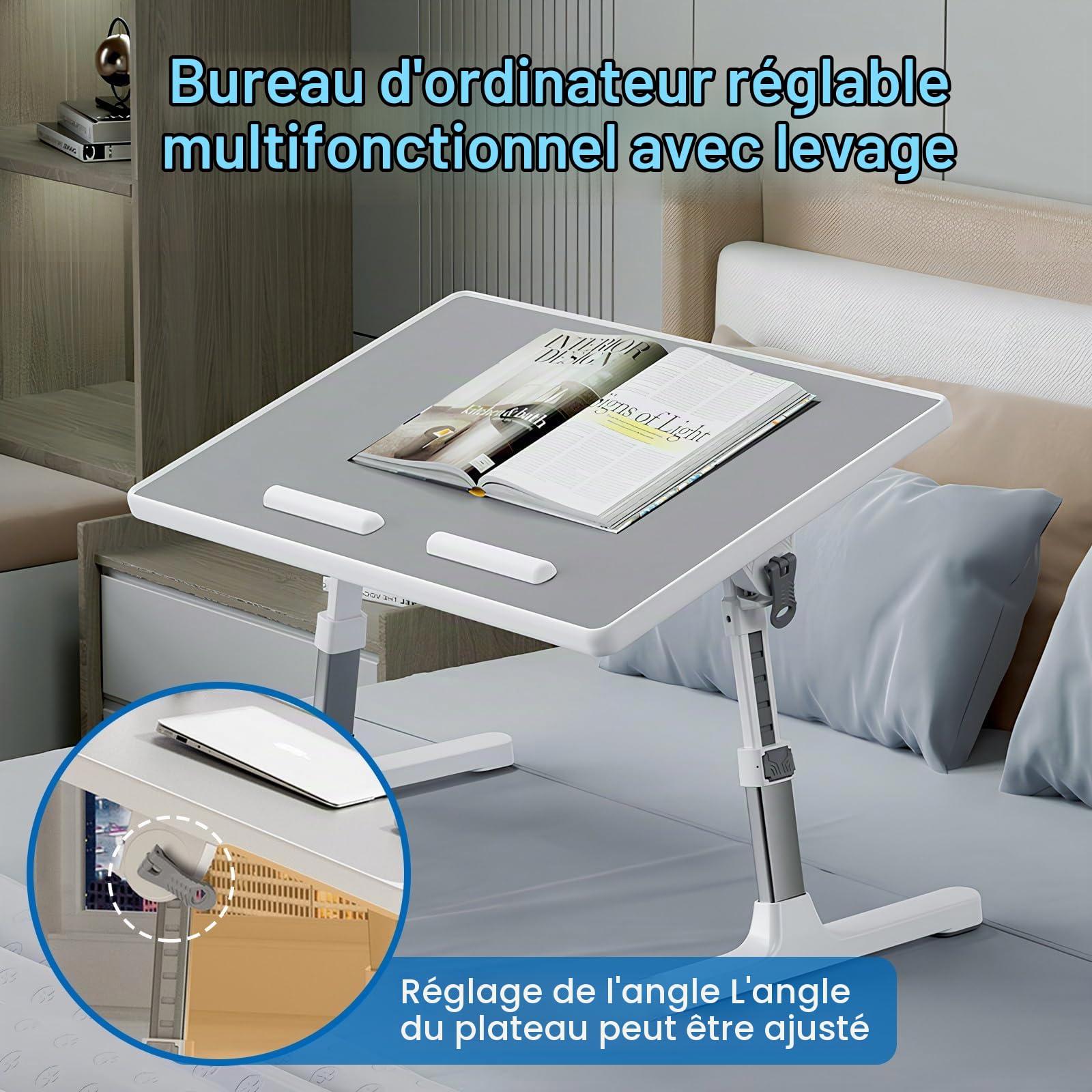 Table de Lit pour Ordinateur Portable, Table de Lit Pliable, Réglable en Hauteur et Angle, Support Lecture et Ordinateur Portable, Lapdesk Pliable, Table pour Lit/Canapé/Sol (Gris, 52 x 30cm)