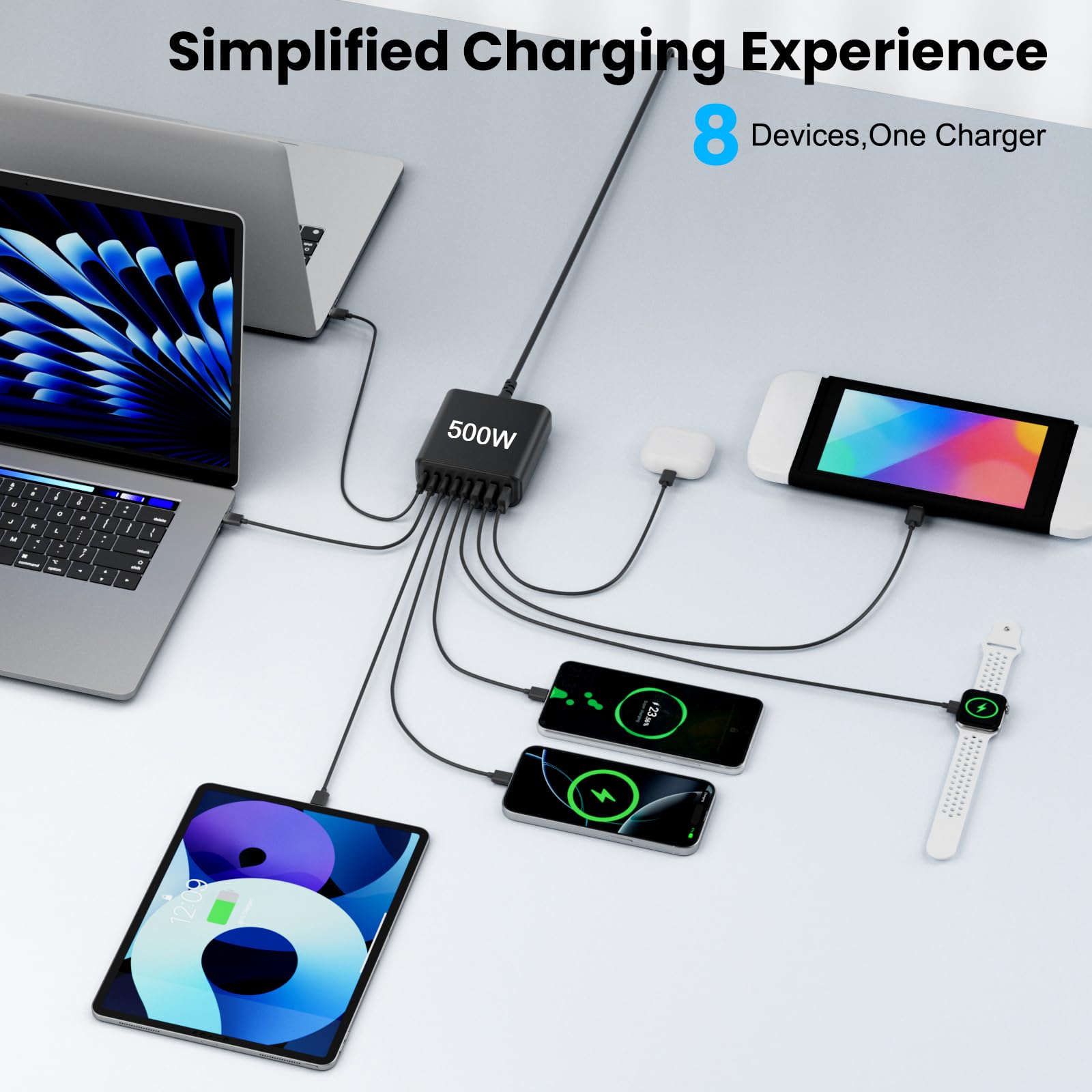 USB C Ladegerät Mehrfach: 500W 8-Port Schnellladegerät mit USB-C und USB-A, USB c Netzteil für iPhone/Pro/Max, MacBook, ipad