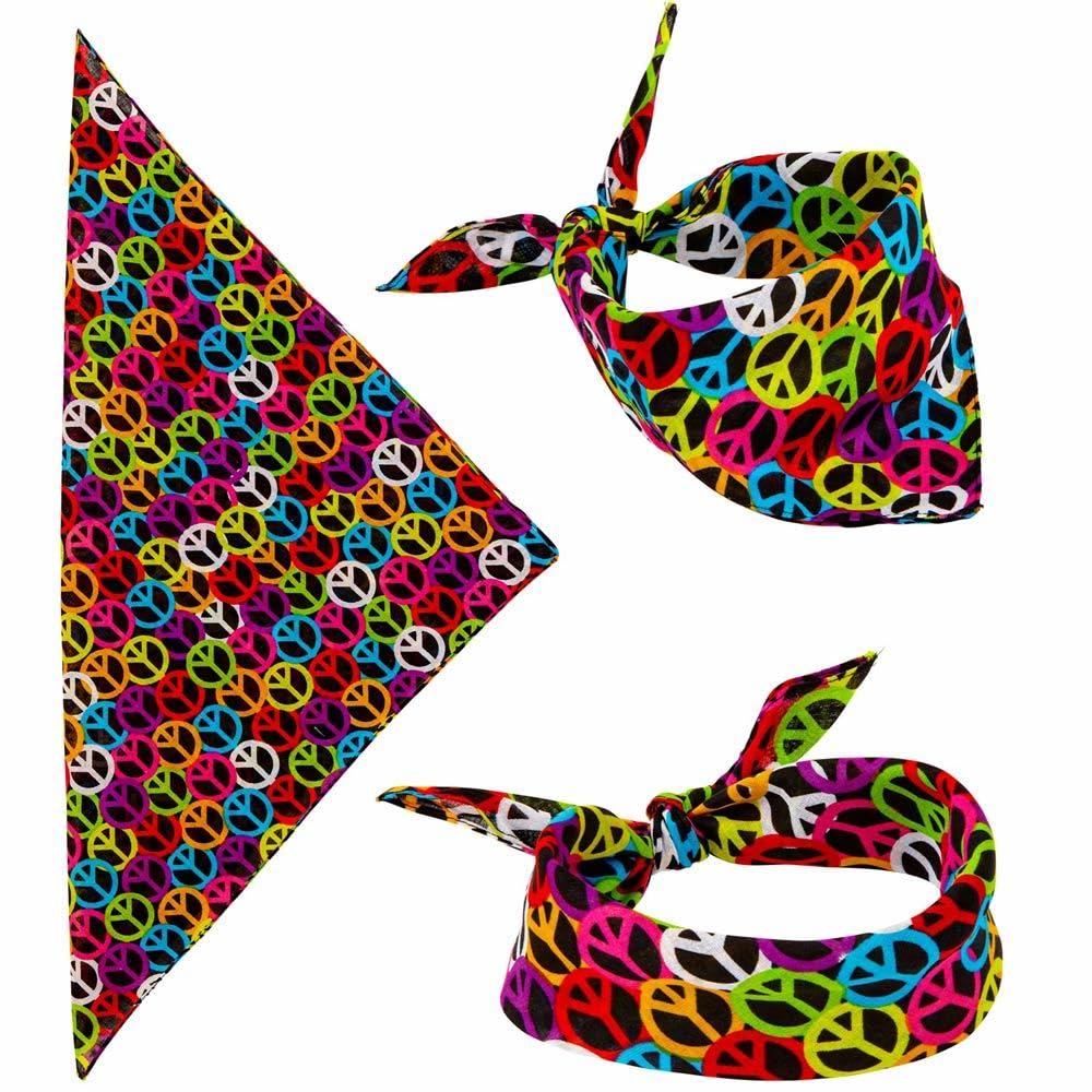 Widmann 34268 Bandana Peace Sign, 55 x 55 cm, Neckerchief, Headscarf, Hippie, Reggae, Flower Power, Theme Party, Carnival