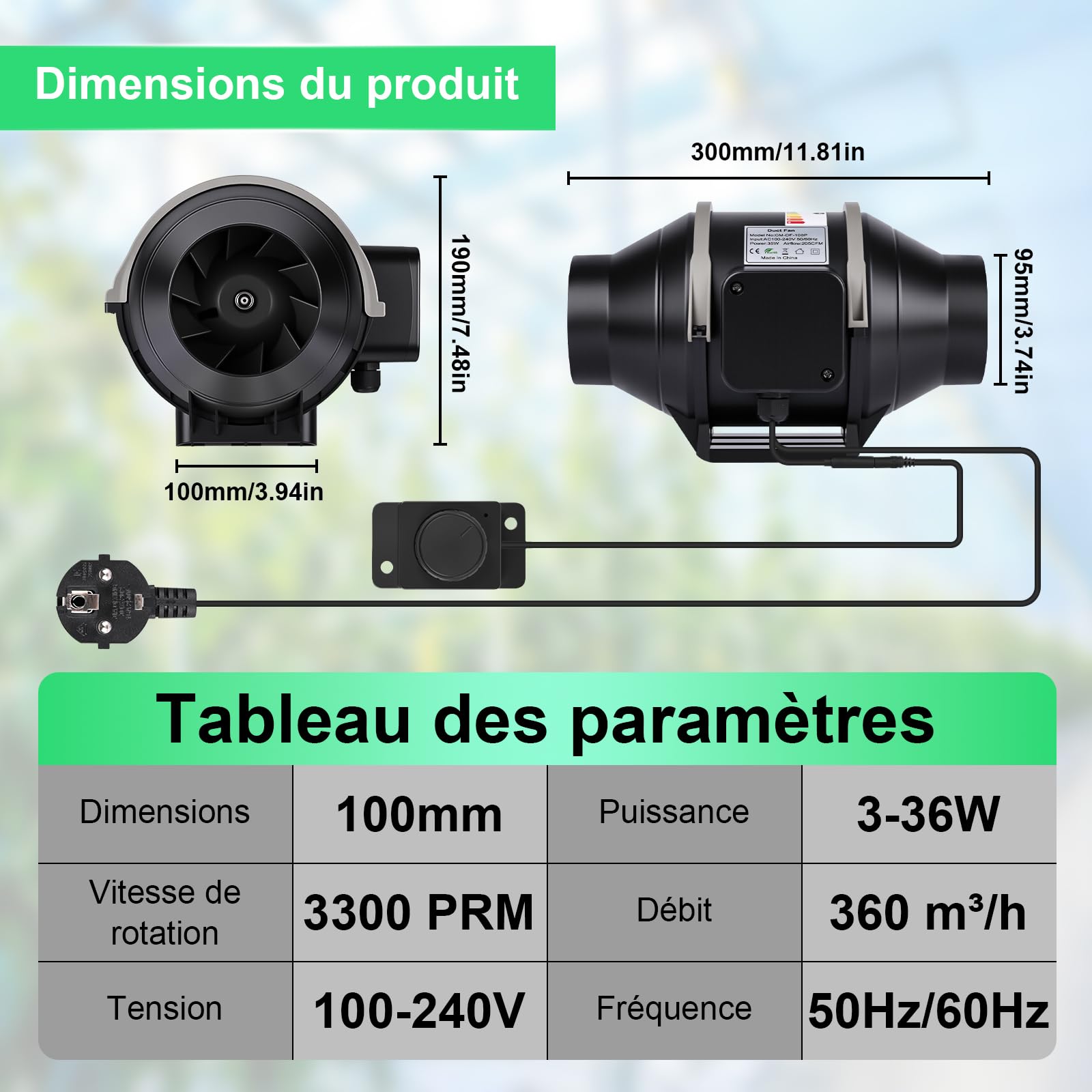 Extracteur d'air 100mm Réglable 360m³/h, EC Moteur Ventilateur extracteur d'air pour Tentes Culture, Hydroponique, Domestique, Garag, VMC Salle de Bain