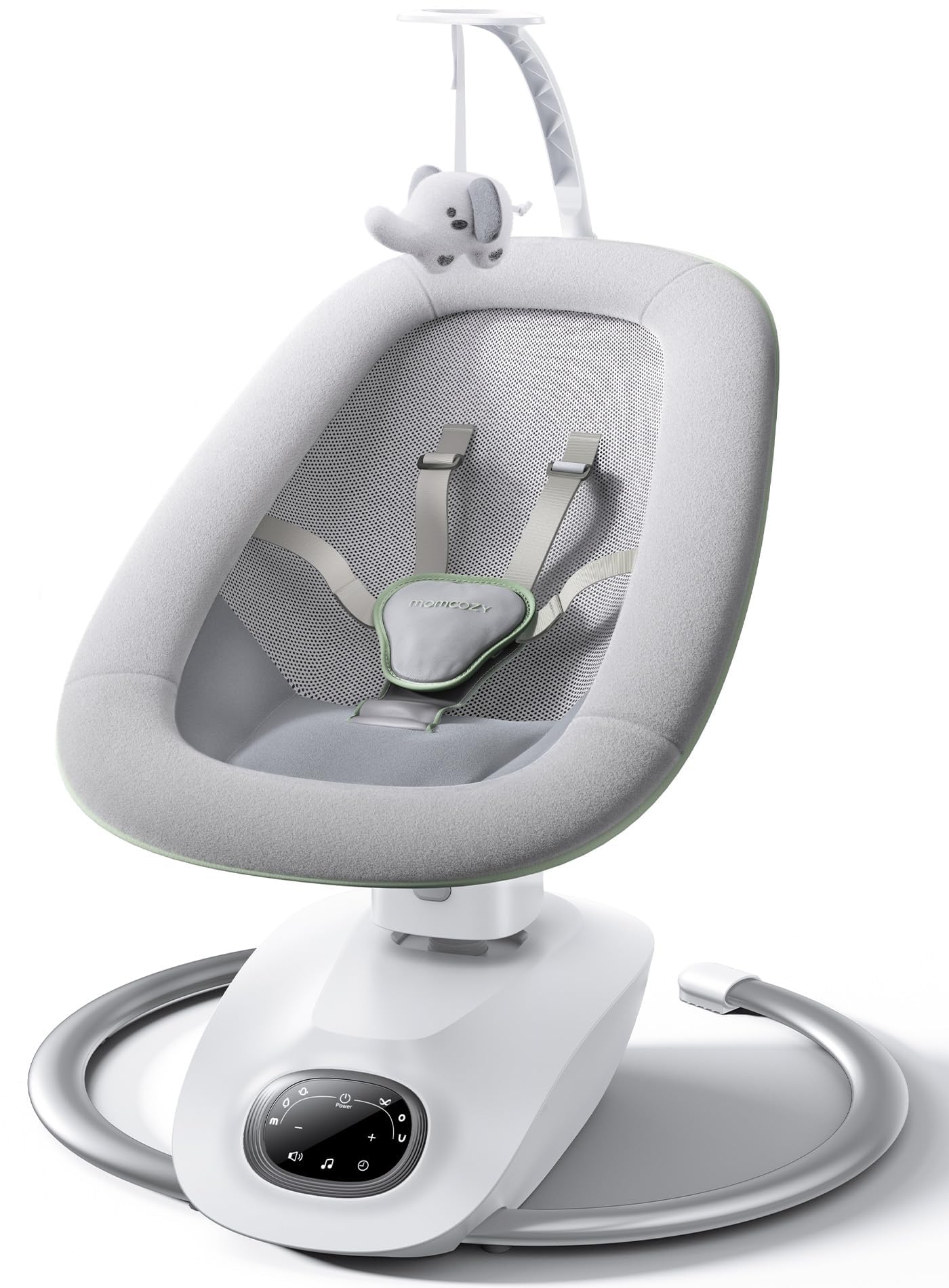 Momcozy Hamaca Bebe Electrica de hasta 9kg con 6 Modos y 4 Velocidades | Mecedora bebe con asiento giratorio de 180°, 6 modos y 4 velocidades de balanceo, control remoto, arnés de 5 puntos, 8 cunas