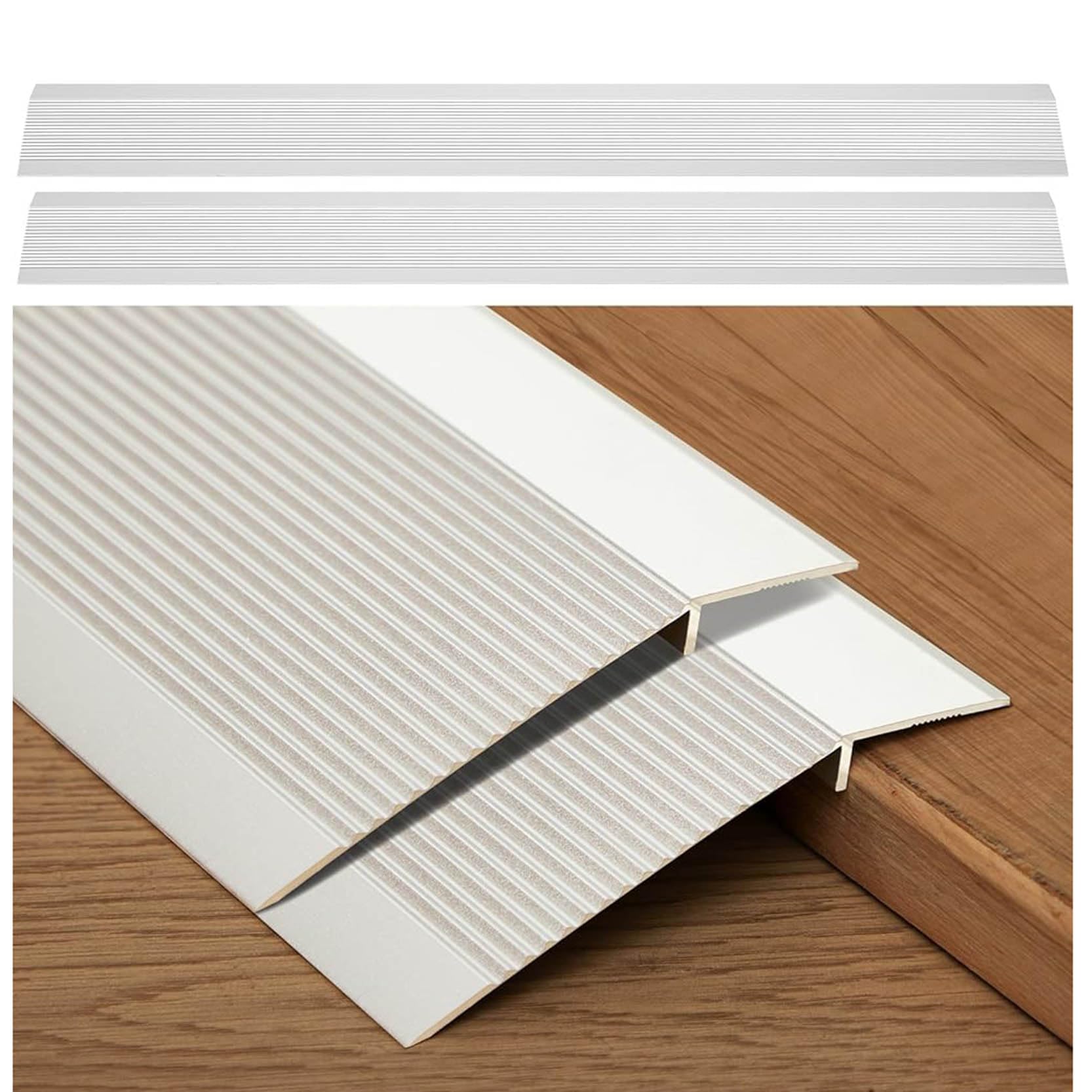 GOUZIBHD Aluminum Floor Transition Strip, Threshold Ramps for Doorway, 36in Door Threshold Reducer, Doorway Edge Trim, Extra Wide Fluted Saddle Threshold 2PCS(Color:Silver)