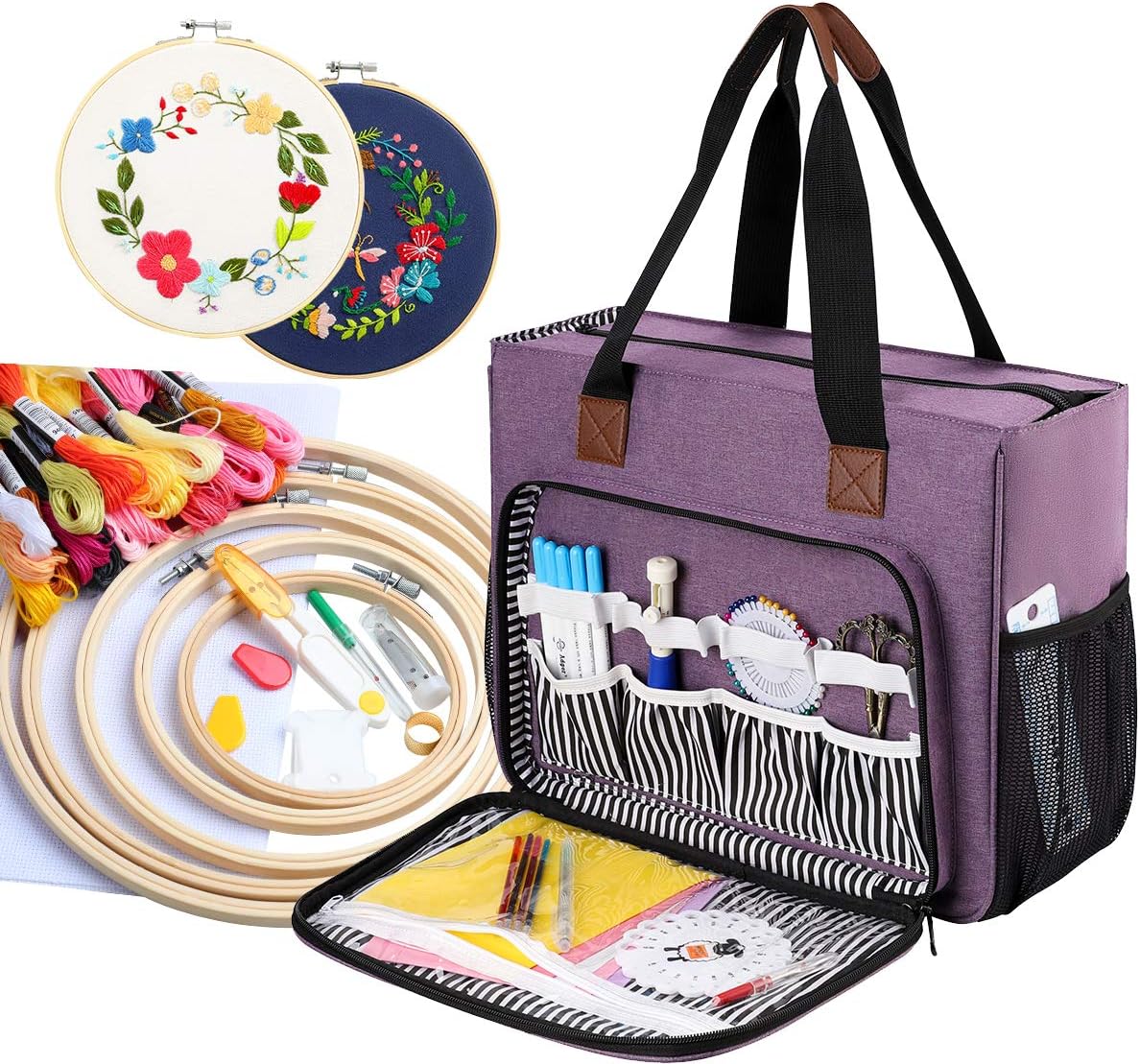 LOOEN Embroidery Project Bag, Embroidery Kits Storage Bag,Multifunctional Bag for Crochet Hooks Embroidery Floss Organizer String Bracelet Kit Sewing Thread Accessories (Purple-Double layer)