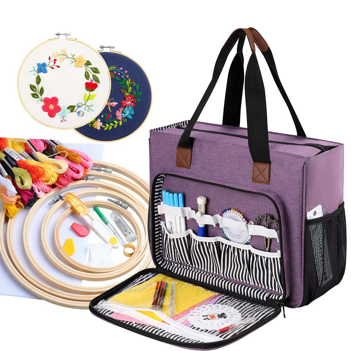 Embroidery Project Bag, Embroidery Kits Storage Bag,Multifunctional Bag for Crochet Hooks Embroidery Floss Organizer String Bracelet Kit Sewing Thread Accessories (Purple-Double layer)