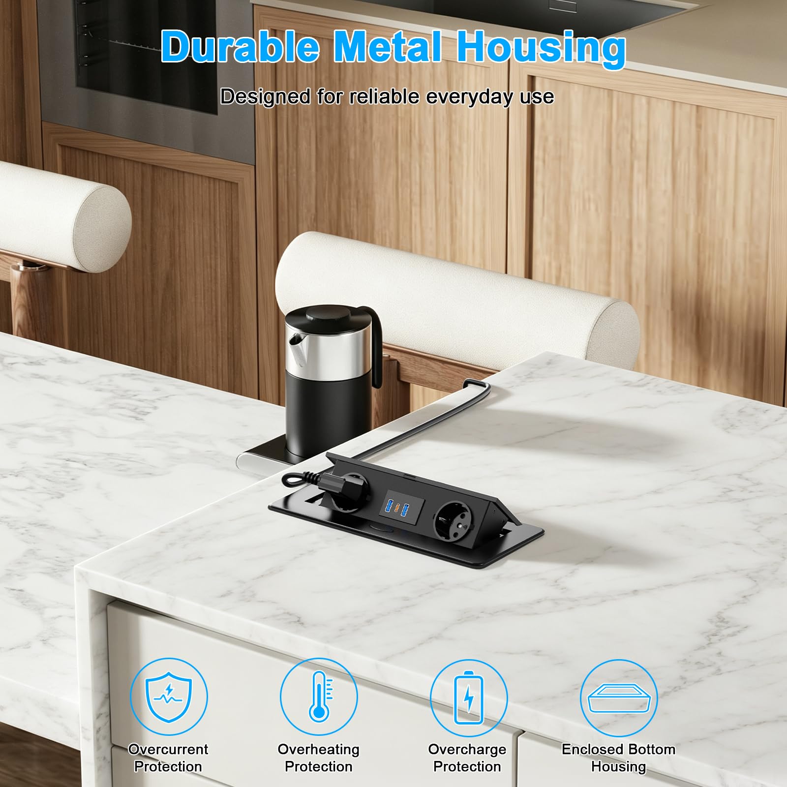 Alpheus Gniazdo wpuszczane na blat roboczy, USB-C PD 20W, 2 gniazda, czarne | Listwa zasilająca do zabudowy, 2 gniazda, USB-C PD 20 W, 2 USB-A 18W, metalowa obudowa, do biura, stołu konferencyjnego i