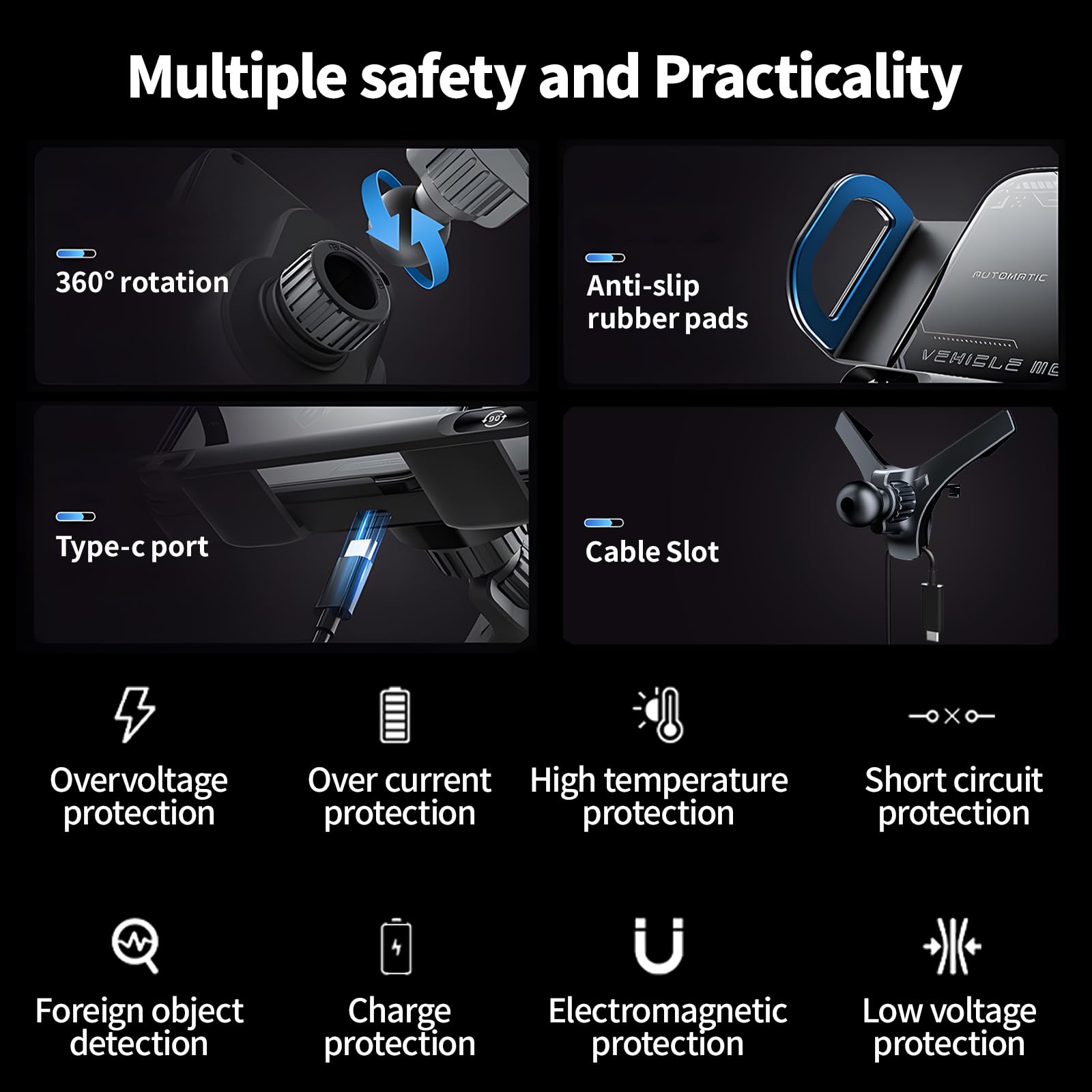 MANKIW Cargador Inalámbrico Coche, Soporte Móvil Carga Rápida,Rotación de 90° Soporte Movil Coche Compatible para iPhone 17 Pro Max/16/15/14/13, Galaxy S24 Ultra/S23