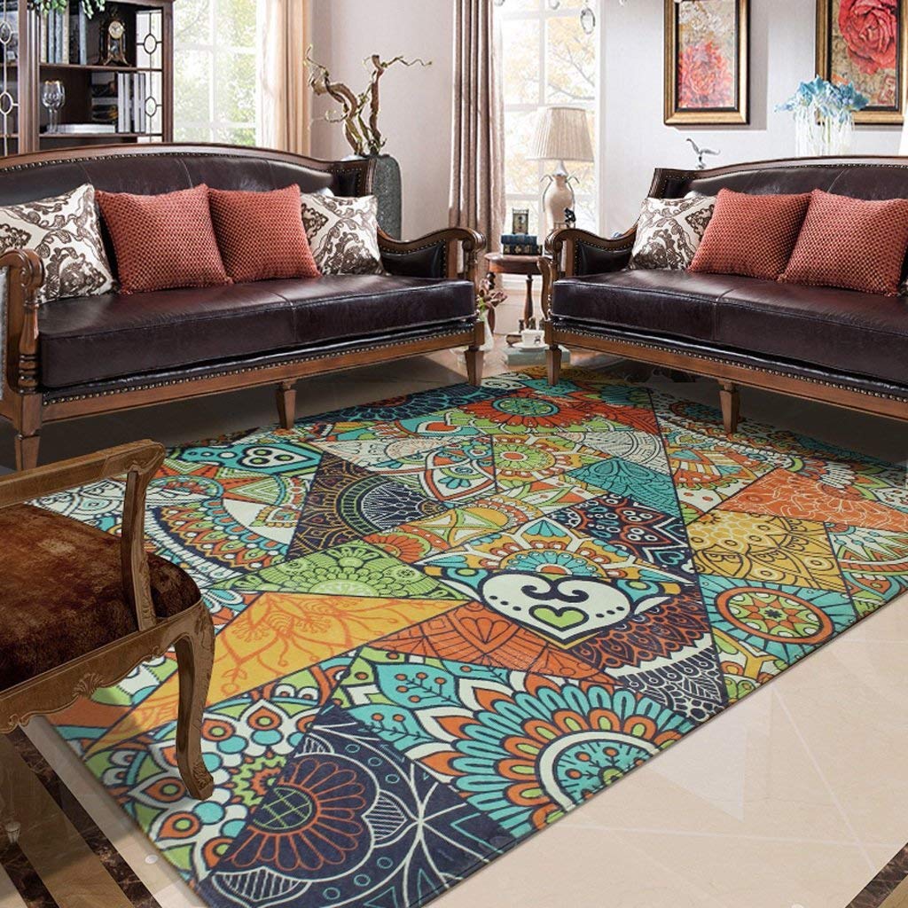 Tapis de salon grand format ethnique et rectangulaire pour table basse