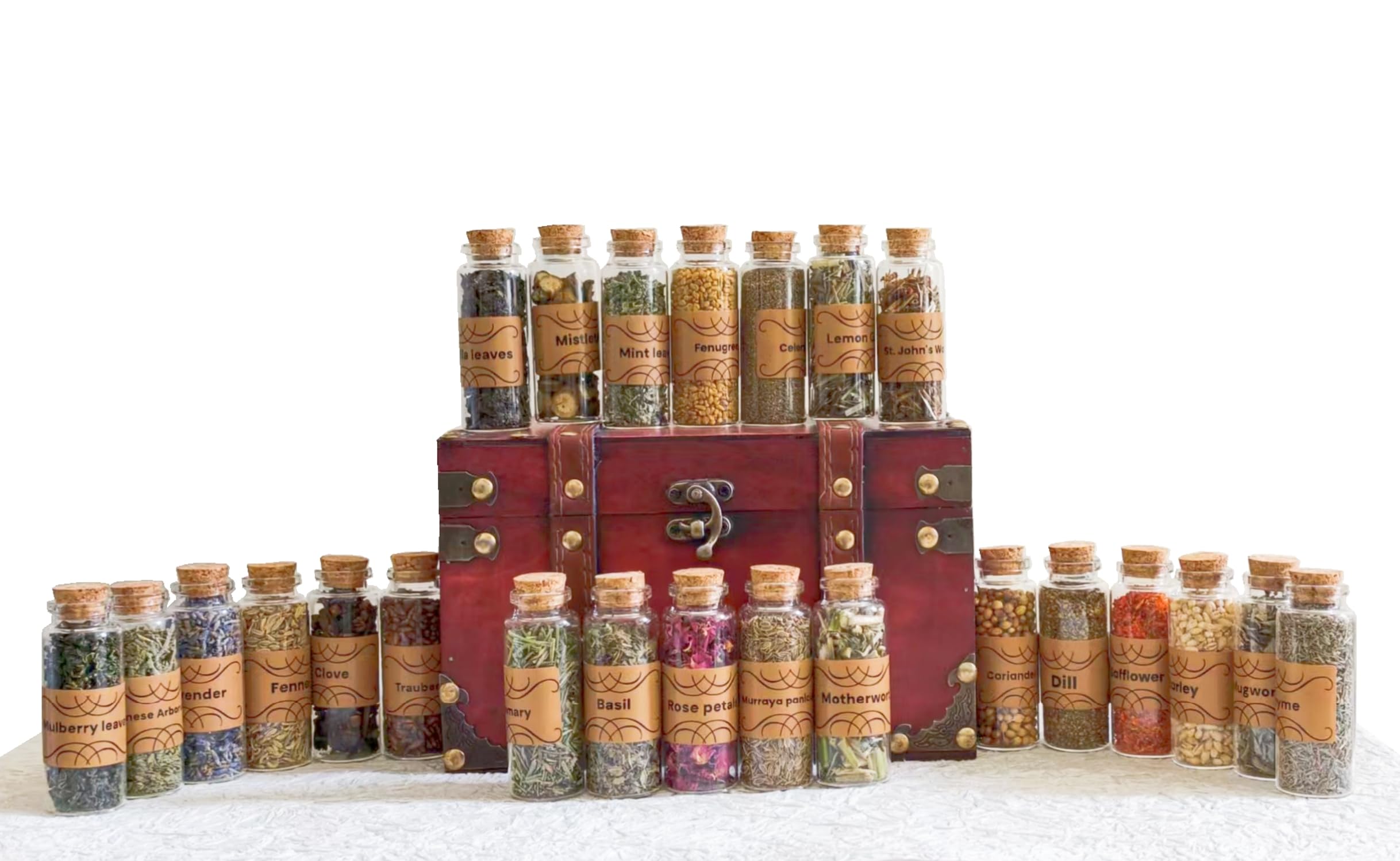 Kräuter Set im Vintage Holzkoffer – 100% Reine Naturkräuter getrocknet im Glas mit Korken & Zange – Geschenkbox für Rituale, DIY, Hexen, Duftsäckchen & Deko (24er Kräuterset)