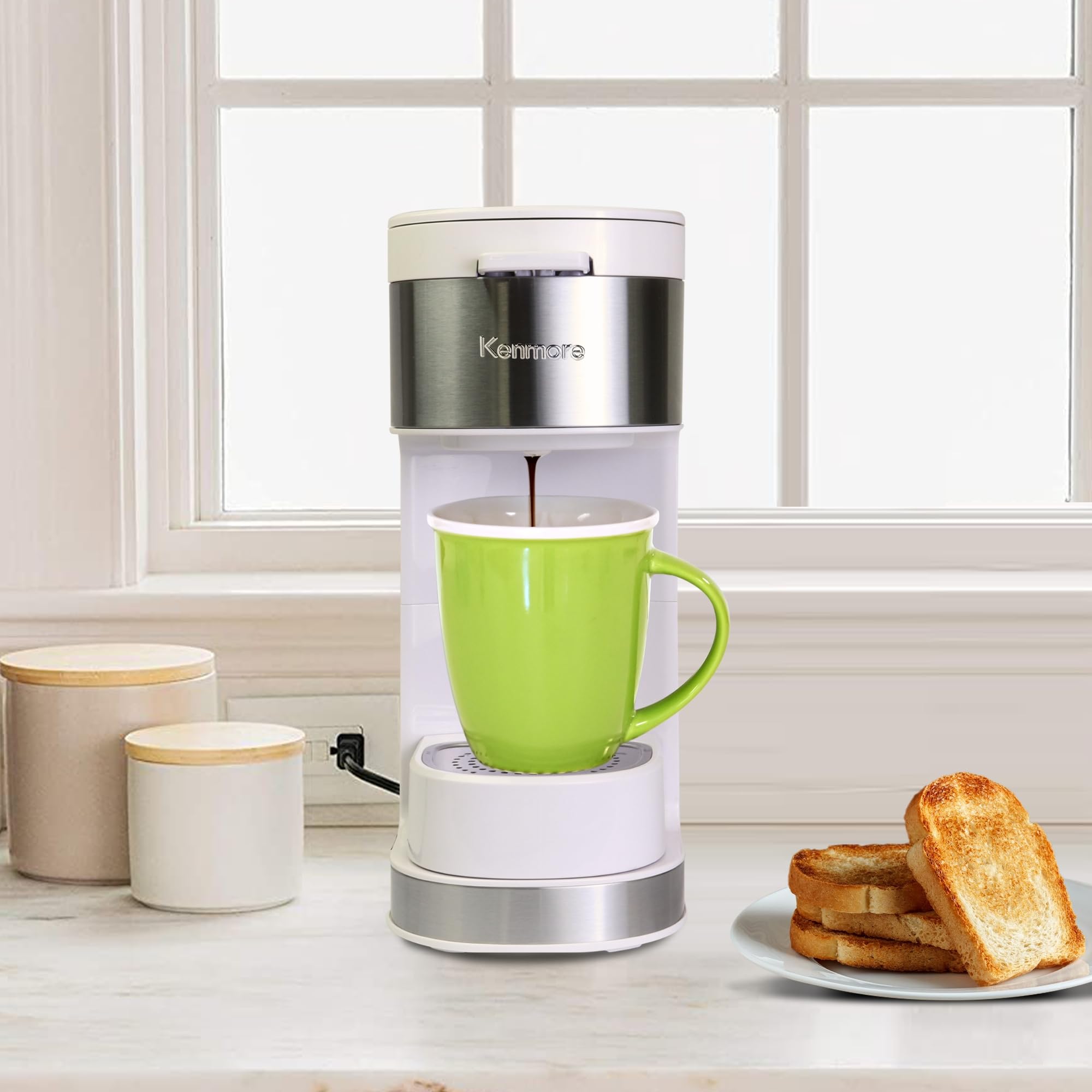 Koolatron Kenmore - Cafetera de una sola porción y taza de viaje de acero inoxidable, cápsula/cápsula y café molido, compatible con K Cup, máquina de café caliente y helado, tamaños de preparación de