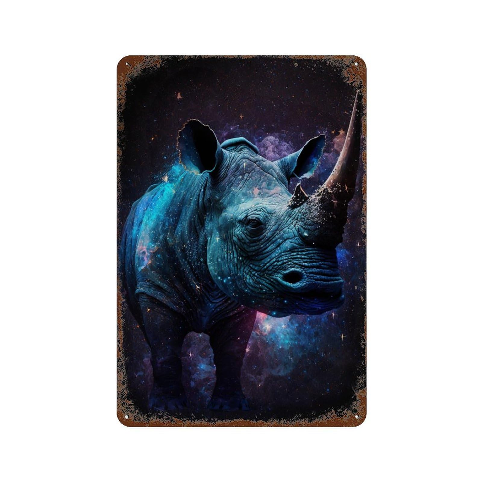 Galactic Rhino Art Print Rustic Tin Plaque 11.8"x7.9", for Shed, Workshop And Garage Wall Decor, Farmhouse Wall Decor