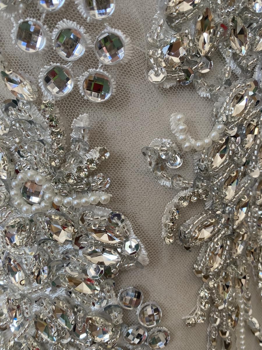 Handmade Silver Glass Rhinestones Bodice lace Applique Hand Sewing Beaded Sequins Trim Patches for Dress Clothes Skirts Multiple Design Styles Accessories (L)