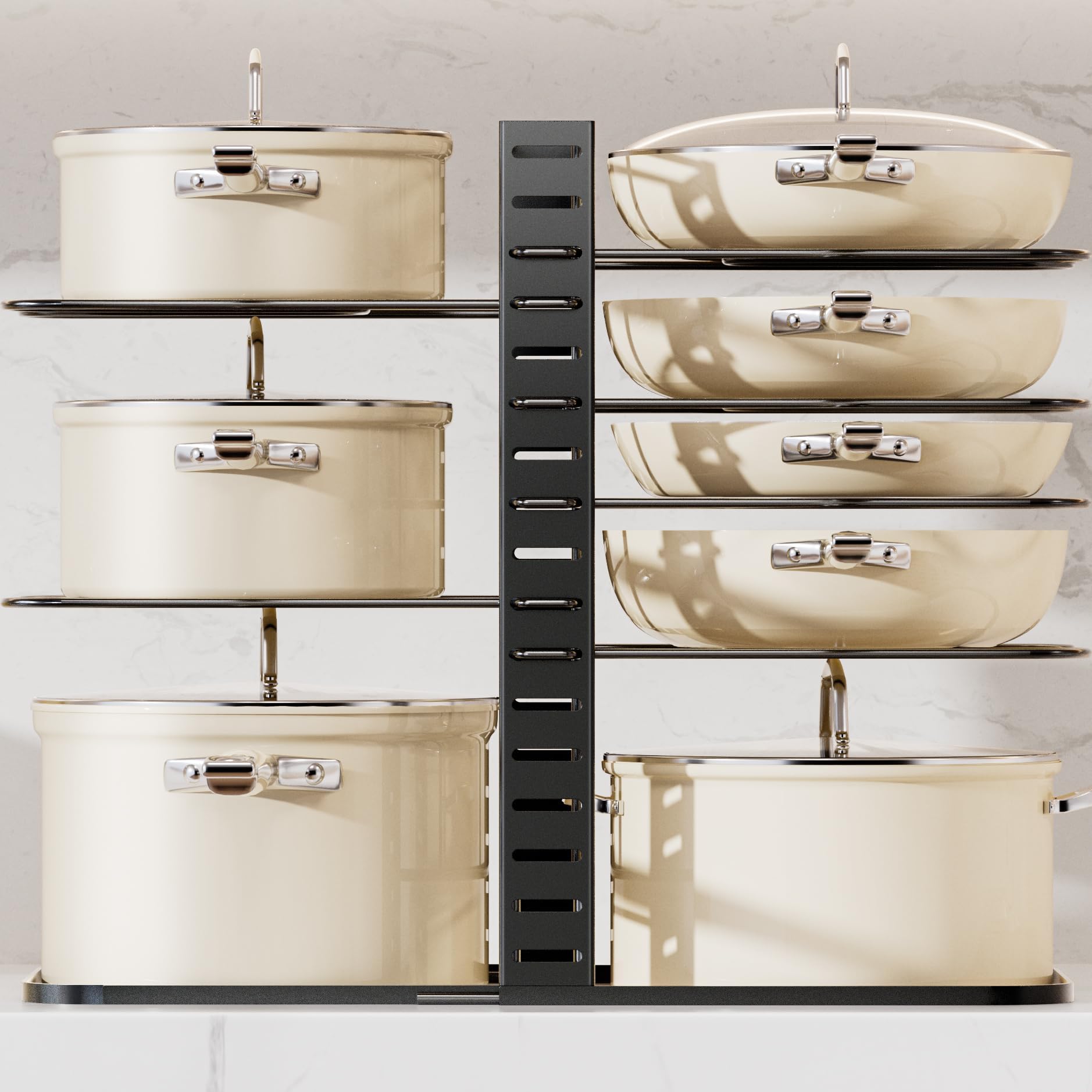 Pots and Pans Organizer - [Truly Balanced, 8-Tier Adjustable] LIGHTWEIGHT Pots and Pans Rack Organizer for Cabinet, Frying Pan, Bakeware, Lid, Dishes, Kitchen Organizers and Storage