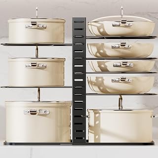 Pots and Pans Organizer - [Truly Balanced, 8-Tier Adjustable] Pots and Pans Rack Organizer for Cabinet, Frying Pan, Bakeware, Lid, Dishes, Kitchen Organizers and Storage