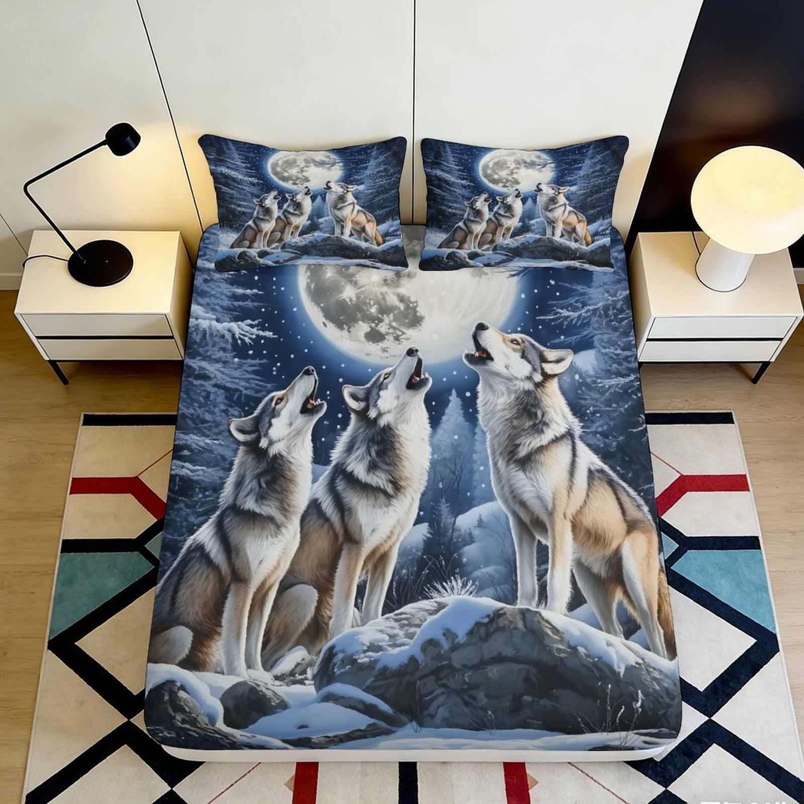3D Printed Wolf Moon Fitted Sheet Microfiber Soft Breathable Forest Bed Cover for Bedroom Guest Room Decor 90x200x25cm