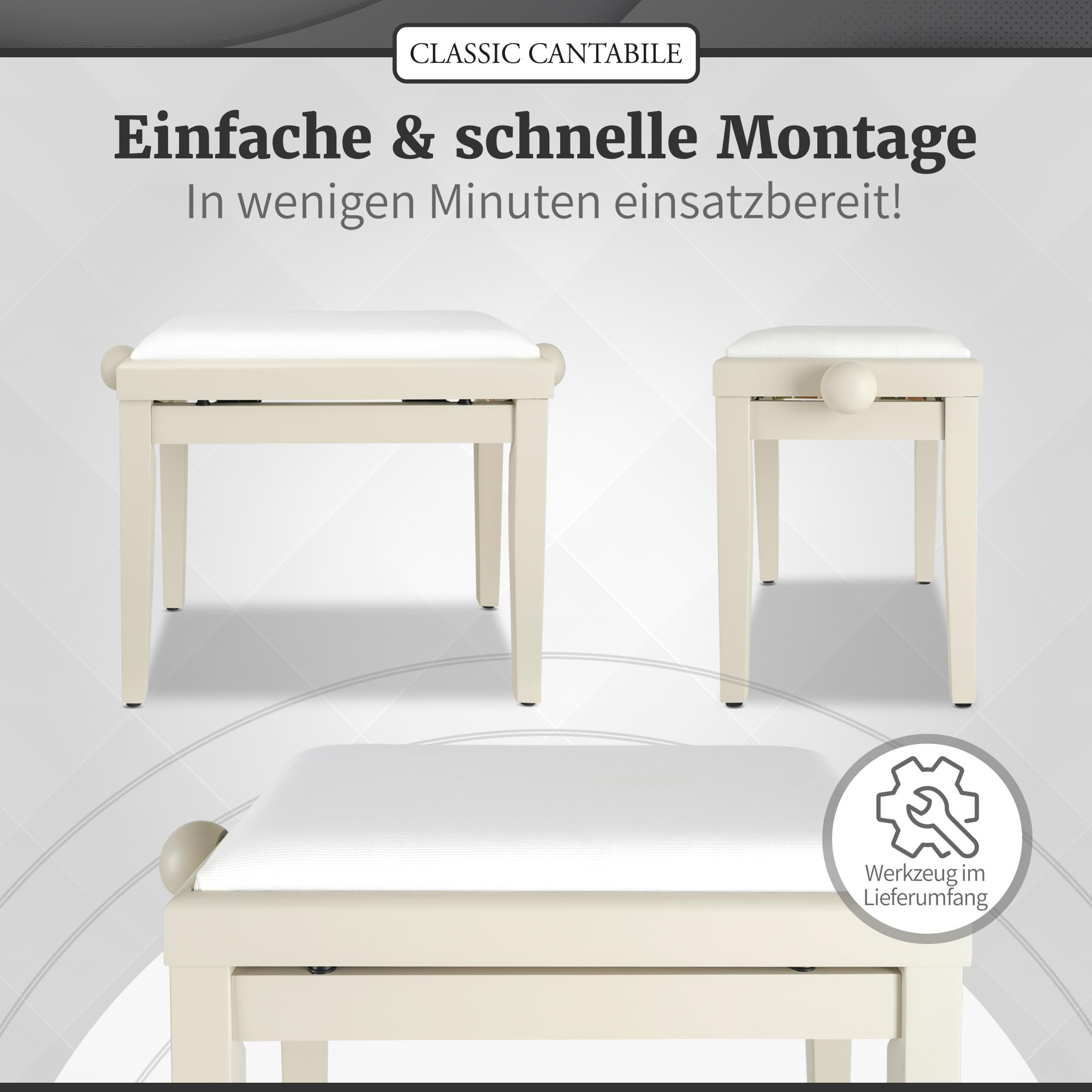 Classic Cantabile Pianobank (höhenverstellbar von 47-56cm, Spindelmechanik, Sitzfläche 55 x 32cm, weißer Velourbezug, stabil) Weißesche matt