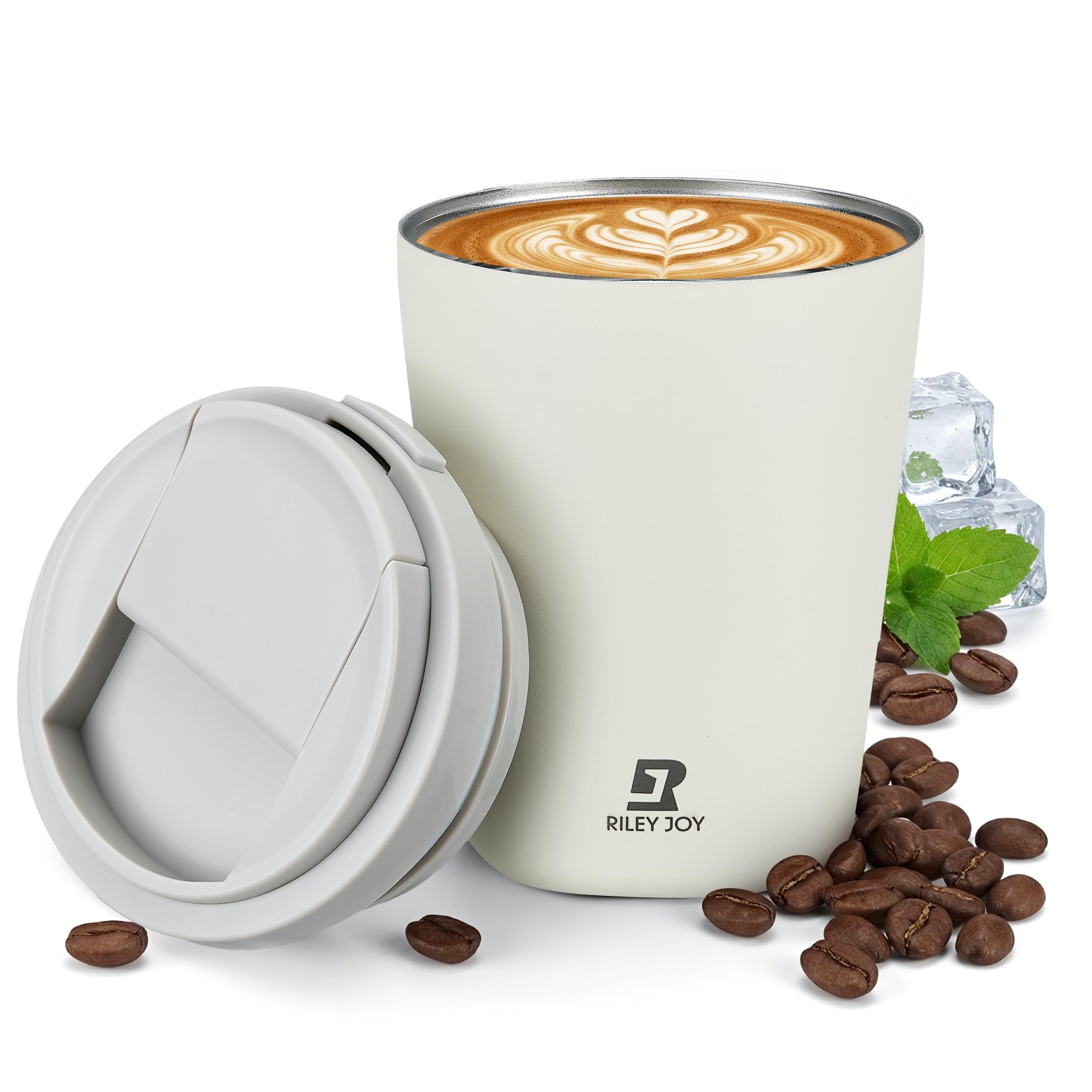 Riley Joy Insulated Travel Mug 350ml with One-Button Open Lid Stainless Steel Vacuum Leakproof Coffee Mug Double Wall Coffee Cup to go for Hot Coffee Tea and Cold Drinks (Beige)