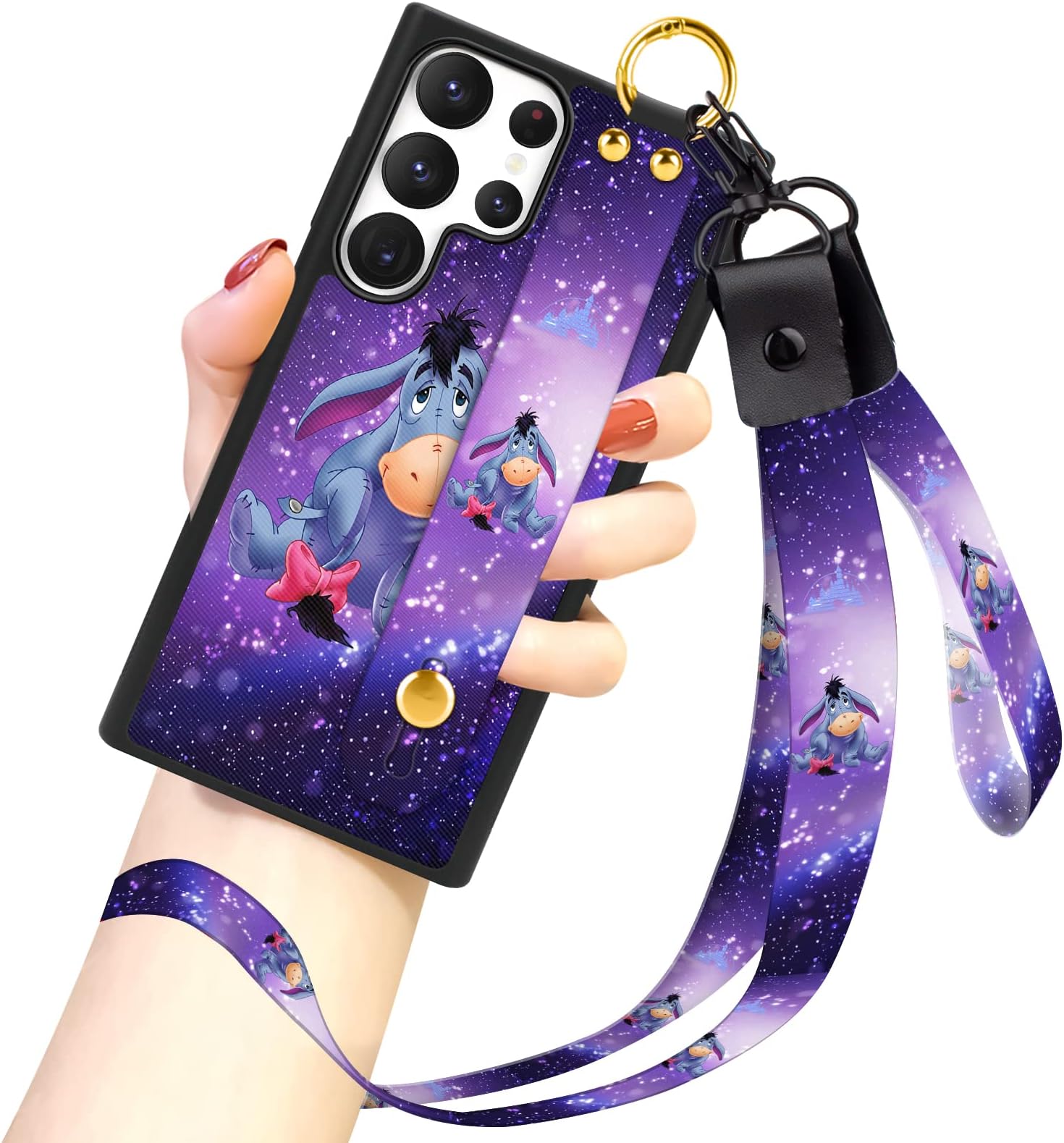 Cartoon Case for Samsung Galaxy S23 Ultra, Cute Purple Donkey Cartoon Character Design with Lanyard Wrist Strap Band Holder Shockproof Protection Bumper Kickstand Cover