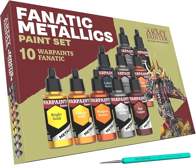 Warpaints Fanatic Metallics Paint Set Combo, 10 colours | 10 Acrylic Metal Paints incl. Gold, Copper, Metal, Bronze, Silver & 1 Dipit Brush for Miniature Model Painting & Dnd