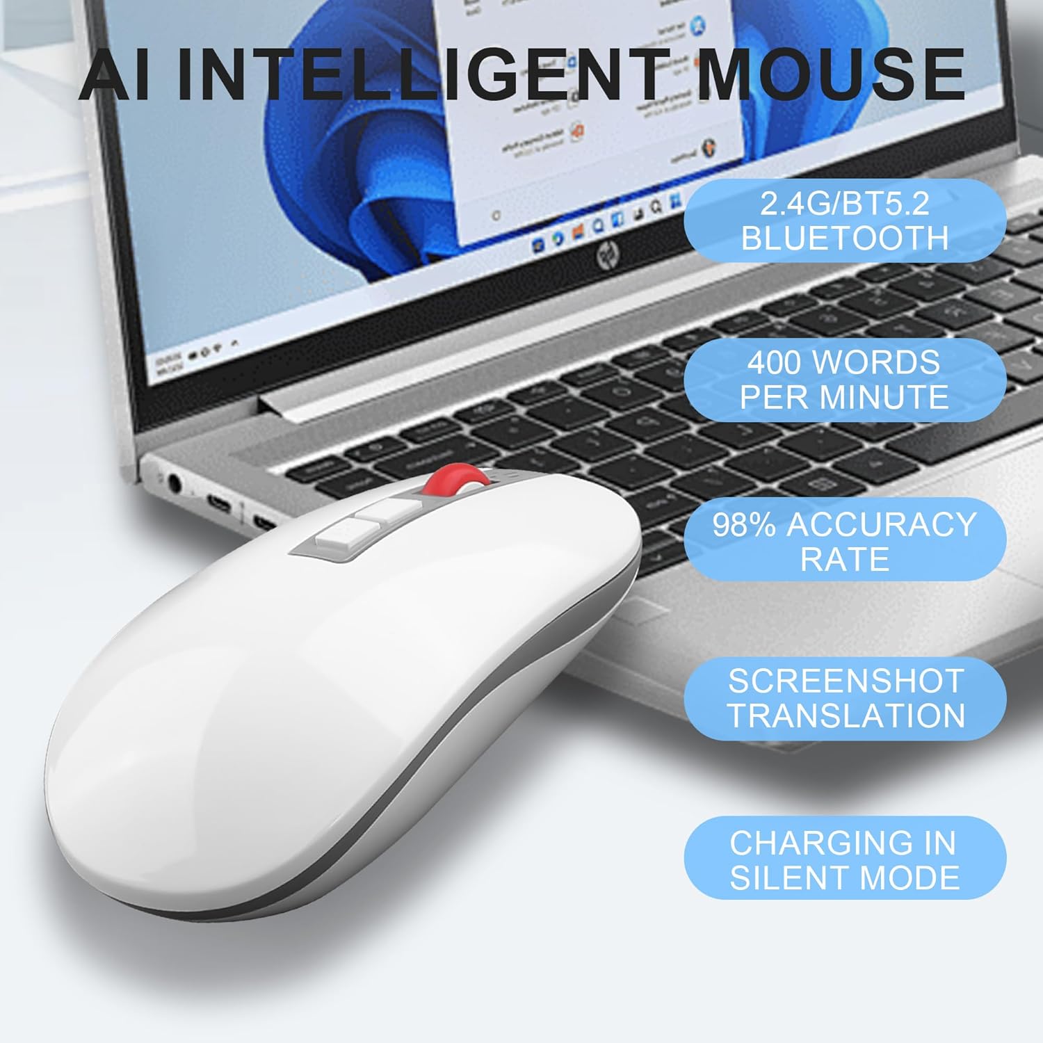 AI Smart Voice Mouse, 2-Mode Bluetooth and 2.4G Wireless with Real-Time Translation & Document to Excel Conversion, Ergonomic Office Mouse for Laptop PC Mac Business Professionals