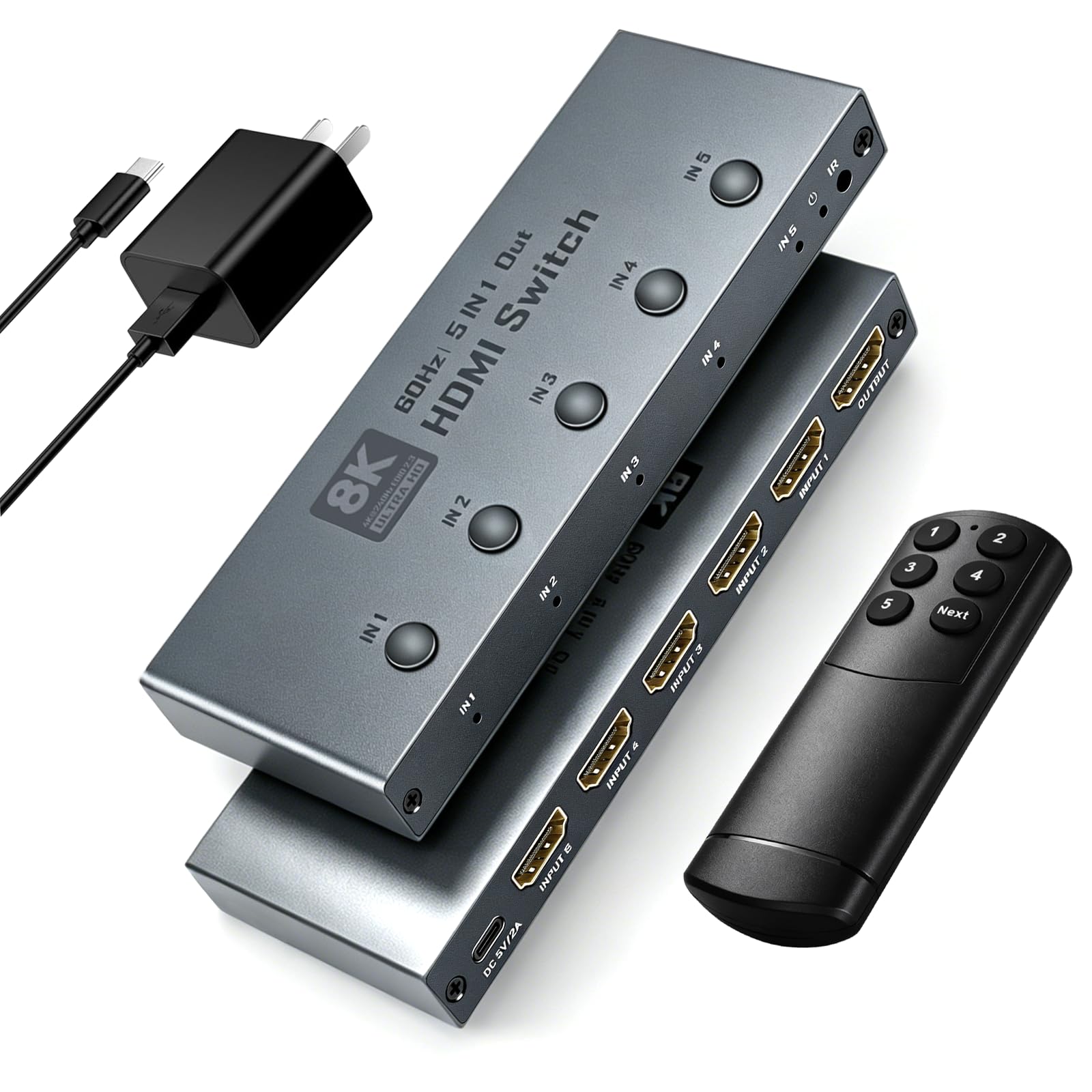 Conmutador HDMI de 8 K @ 60 Hz, 5 x 1, Tendak Aluminio HDMI 2.1 Switch 5 en 1 Salida HDMI Conmutador con mando a distancia IR Soporte 4K @ 120Hz/240Hz, HDR10, HDCP 2.3