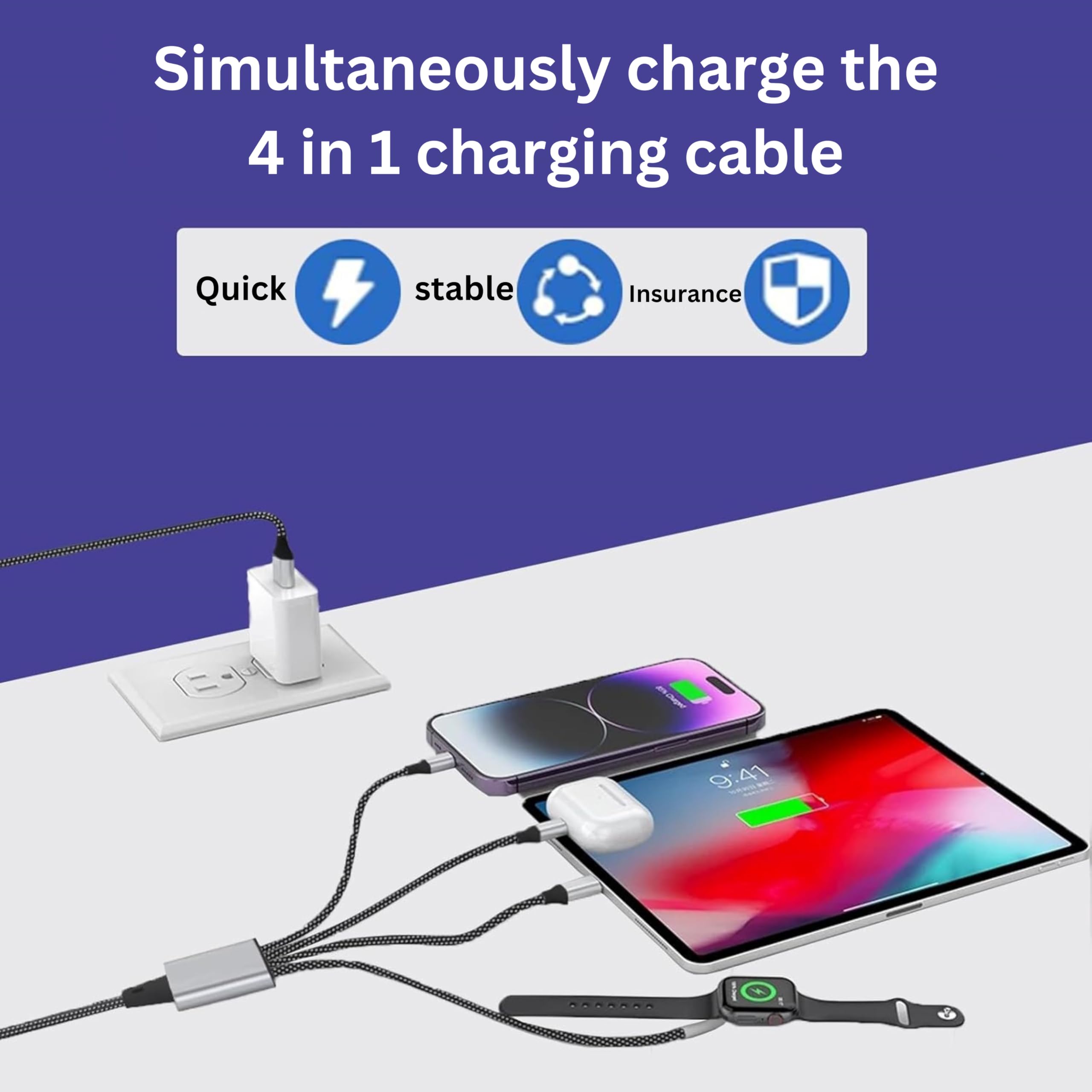 4 in 2 Multi Charging Cable for Apple Watch Charger, Upgraded Wireless USB C iWatch Charger Fast Charging with Type C/Light-ning Compatible with iWatch Ultra SE 10-1, i-Phone 16-11, Android (4FT)