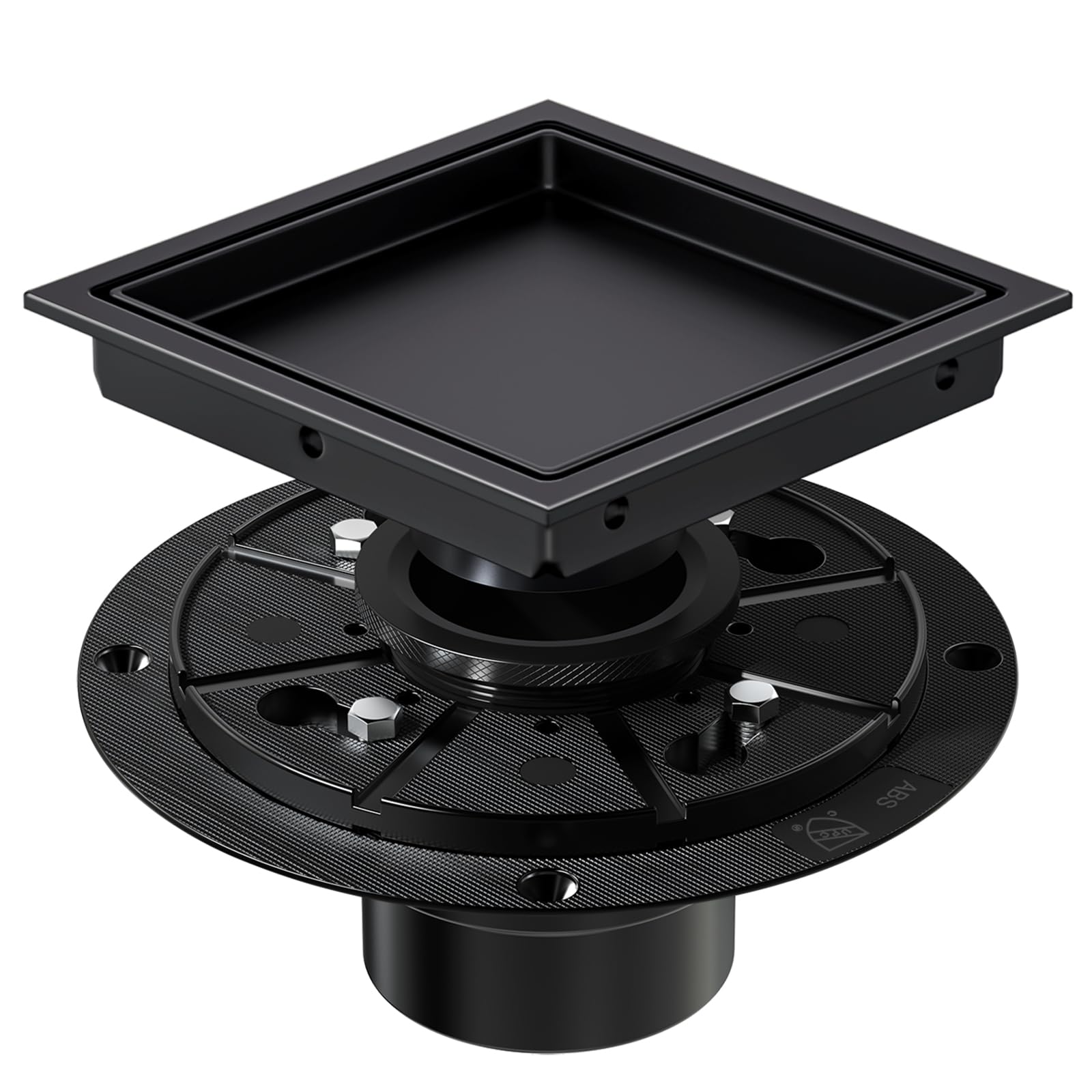 EXF Square Shower Drain 6 Inch Matte Black with Tile Insert Grate, Stainless Steel Shower Floor Drain with Flange, Hair Catcher