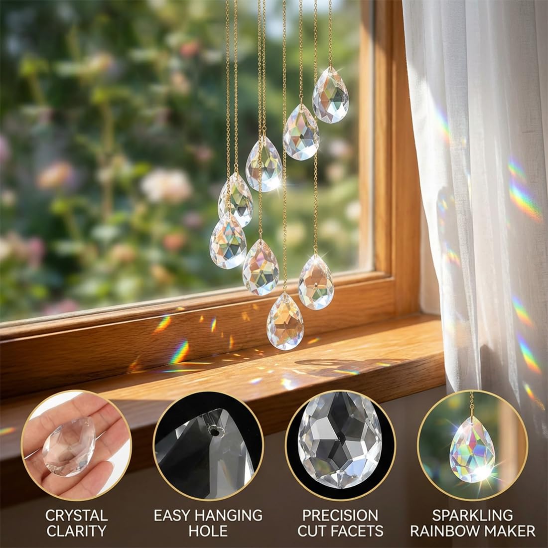 Set di 8 pezzi - Cristalli a forma di diamante da appendere, Acchiappasole in cristallo, Prisma e sfera come acchiappa-luce per lampadari, finestre, giardino e decorativi