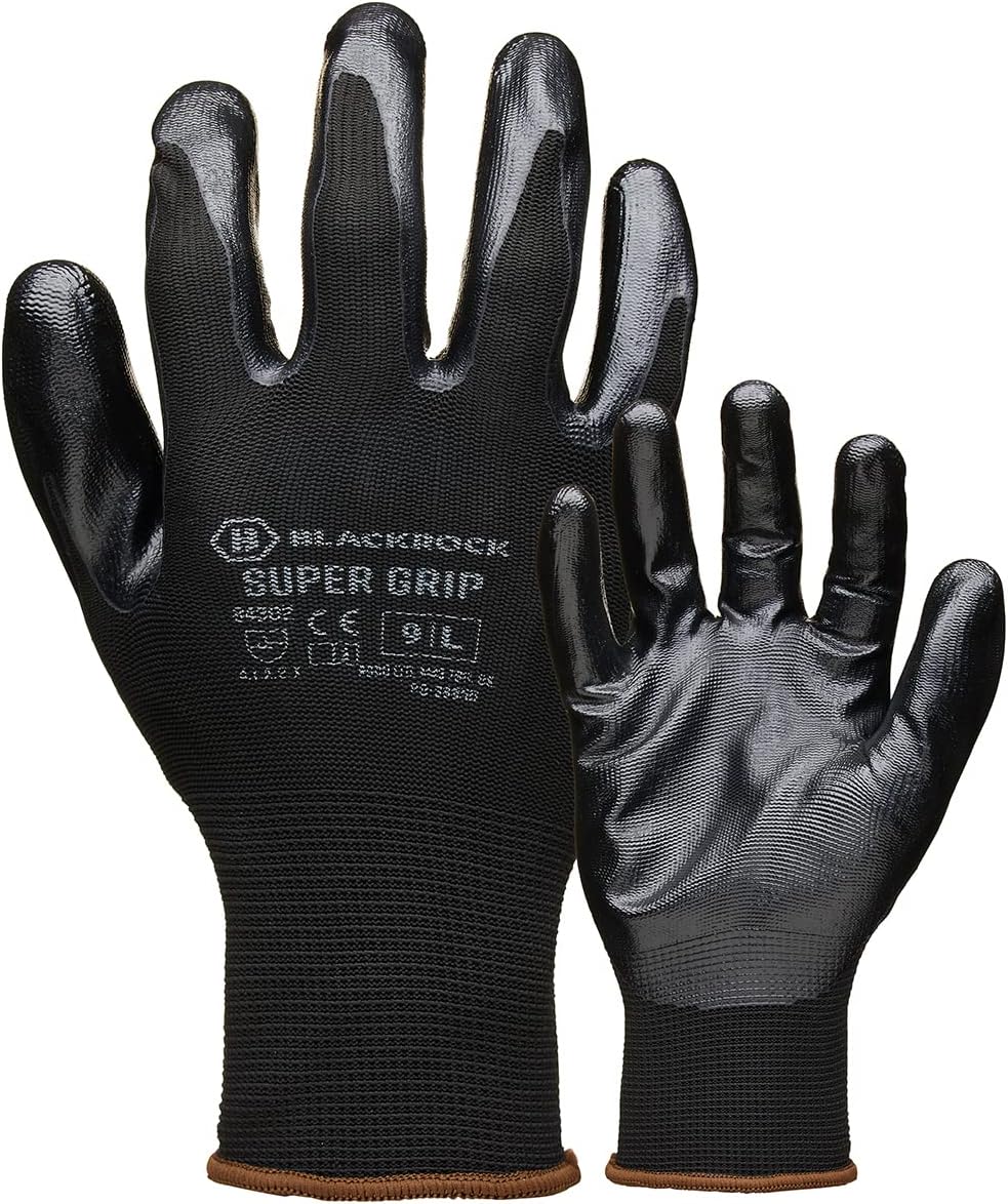 Blackrock Super Grip Work Gloves - Black Nitrile, Safety for Men Women, Roofing, Warehouse, Thin, DIY, Gardening, Outdoor - Size 9/Large