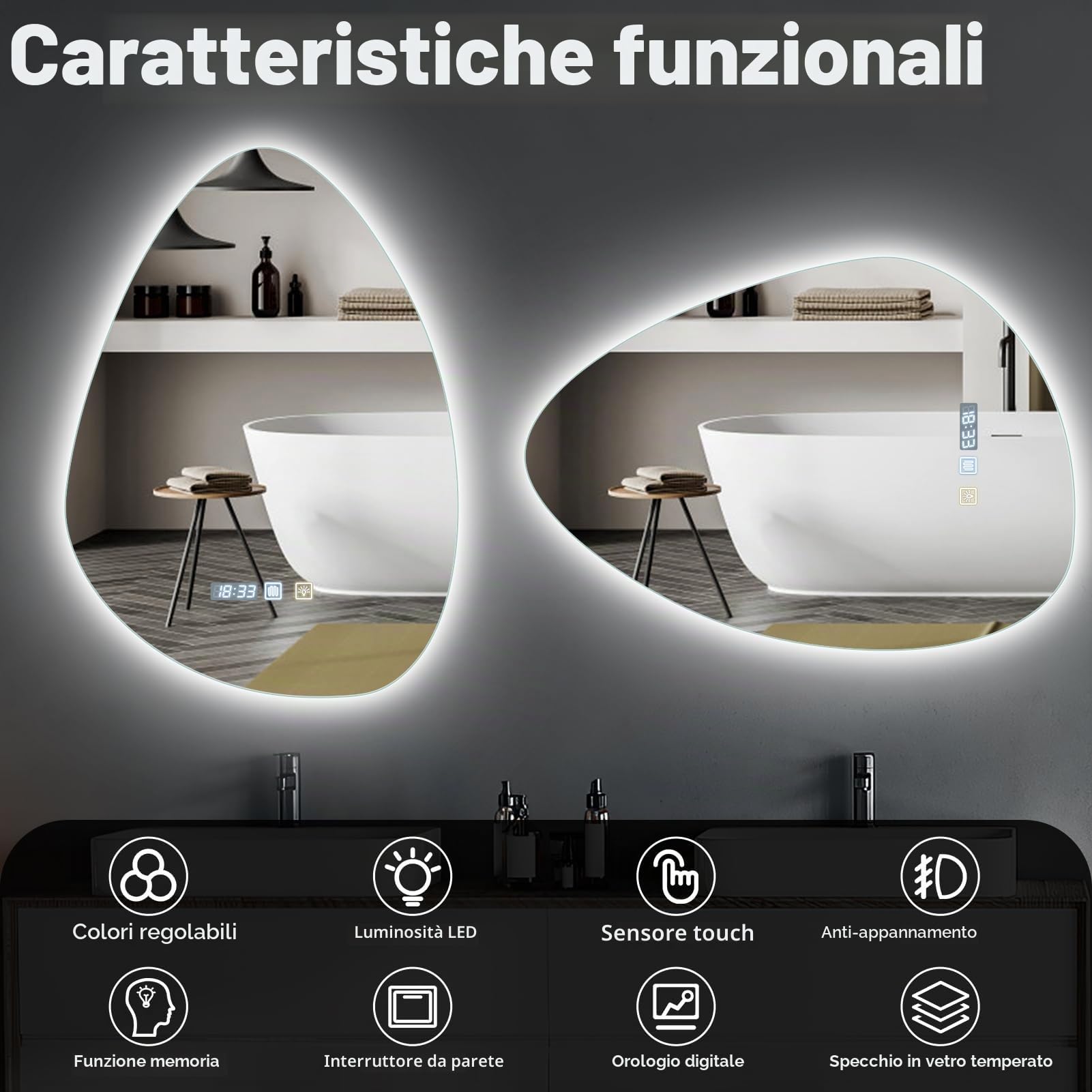 Specchio Bagno con Luce, asimmetrico con illuminazione, 500x700 mm, LED con interruttore touch, anti-appannamento, bianco freddo, 6400K, specchio luminoso a risparmio
