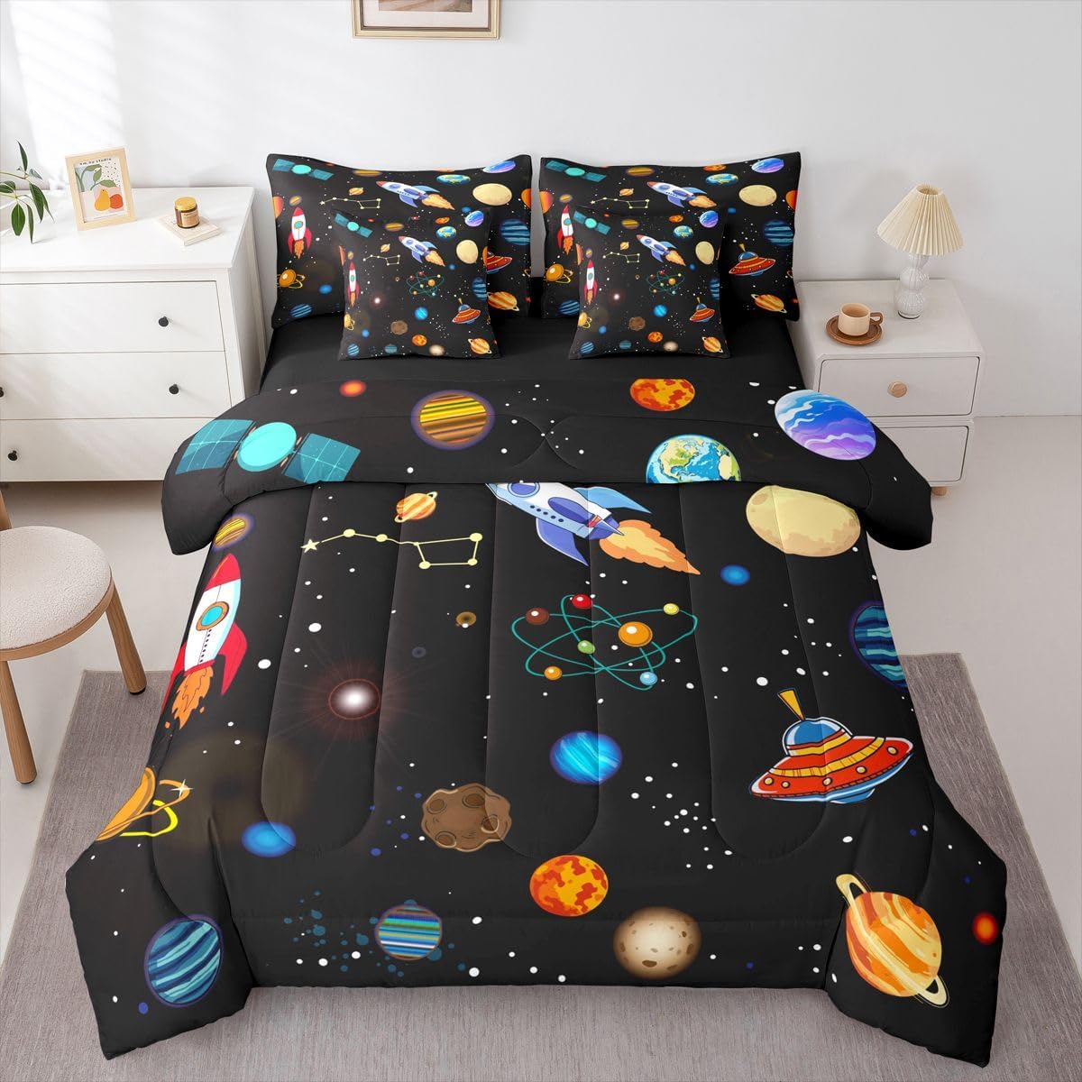 Erosebridal Outer Space Bedding Set King, Starry Sky 7 Pieces Bed in A Bag - 1 Galaxy Comforter, 1 Solar System Fitted Sheet,1 Planet Space Flat Sheet, 2 Pillow Cases, 2 Throw Pillow Covers, Black