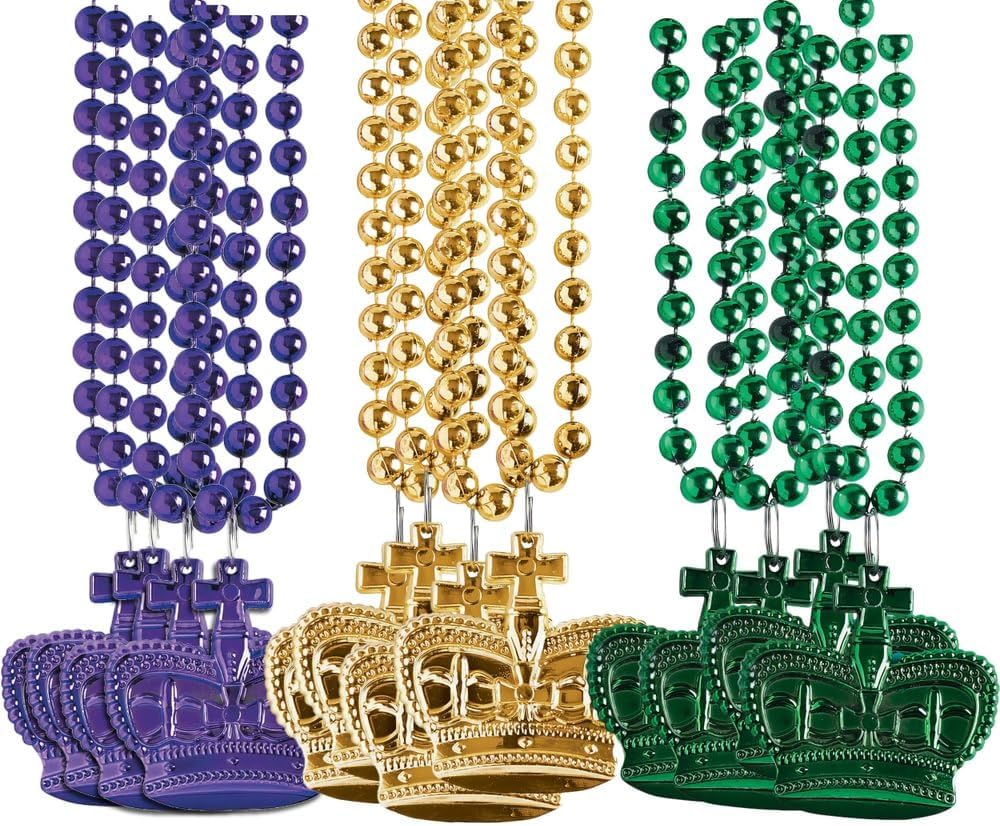 Fun Express Metallic Crown Mardi Gras Beads - Bulk Set of 24 - Traditional Mardi Gras Colors - Handouts and Party Supplies