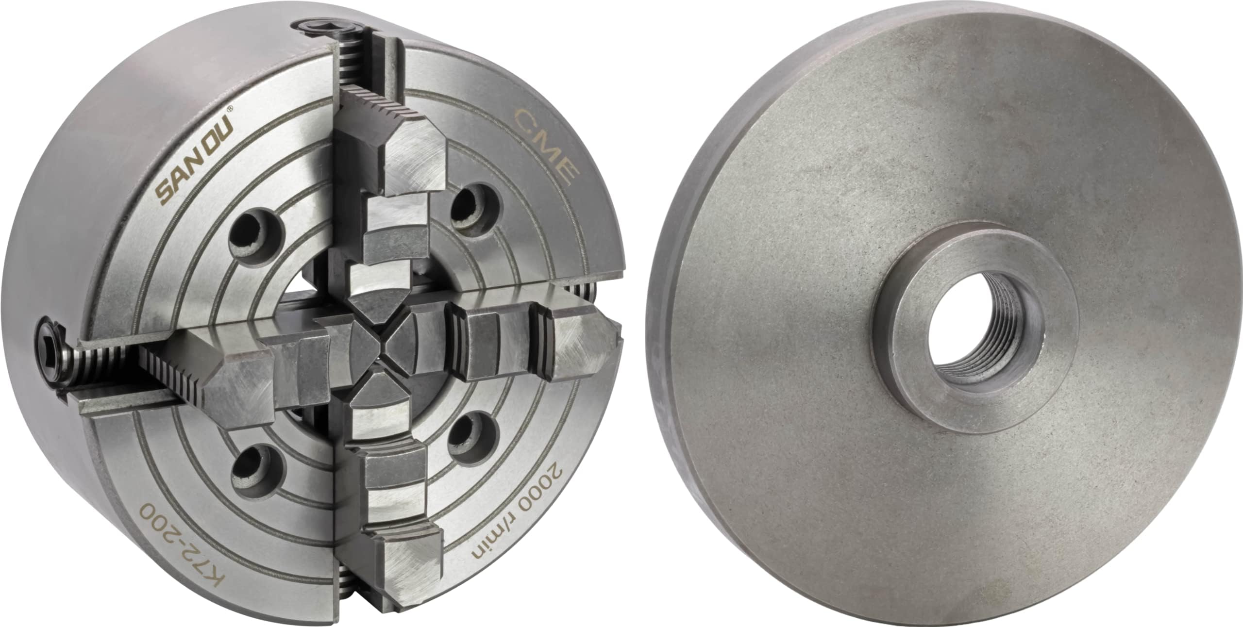 CME 8" 4-Jaw Independent Lathe Chuck with 1 1/2"-8 Threaded Semi-Finished Backing Plate, Machine to Fit Chuck, Reversible Jaws