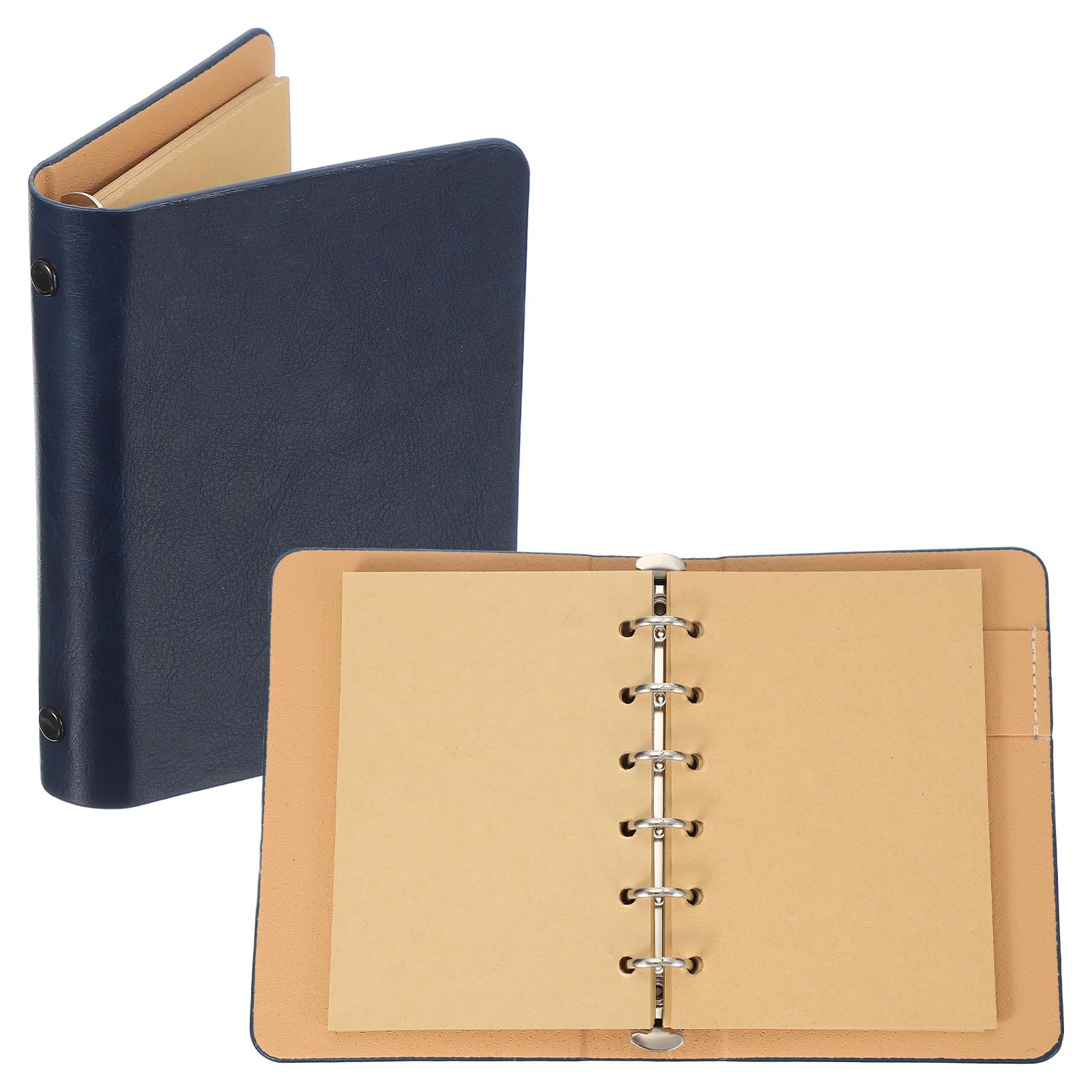 PATIKIL 6 Ring Binder Cover, 1 Pack A7 Kraft Leather Notebook Binder Mini Refillable Loose Leaf Personal Planner with 50 Sheets Paper, Dark Blue