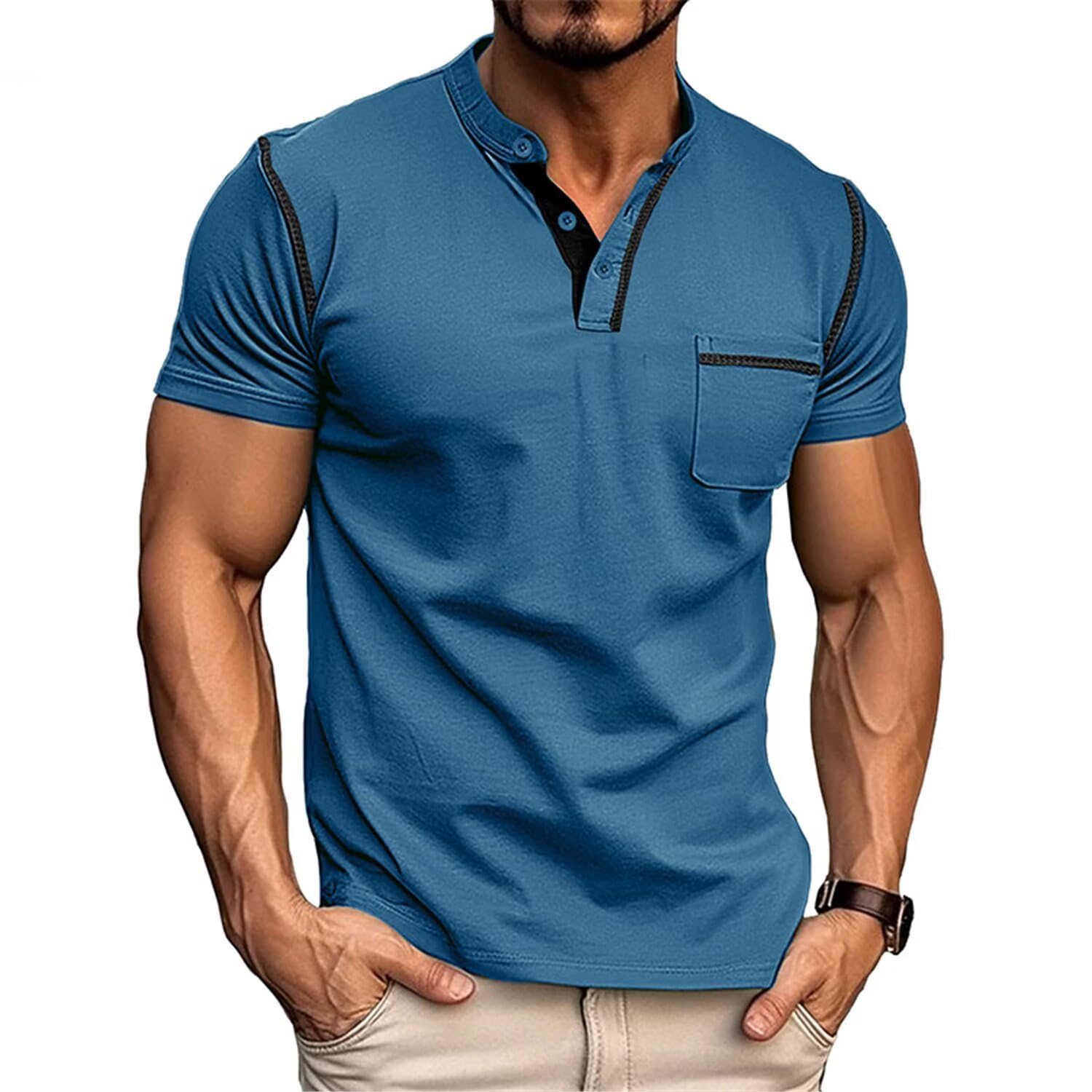 Camisa Henley Ligera de Manga Corta para Hombre, Casual, Elegante, con Botones, de algodón, Azul, Large