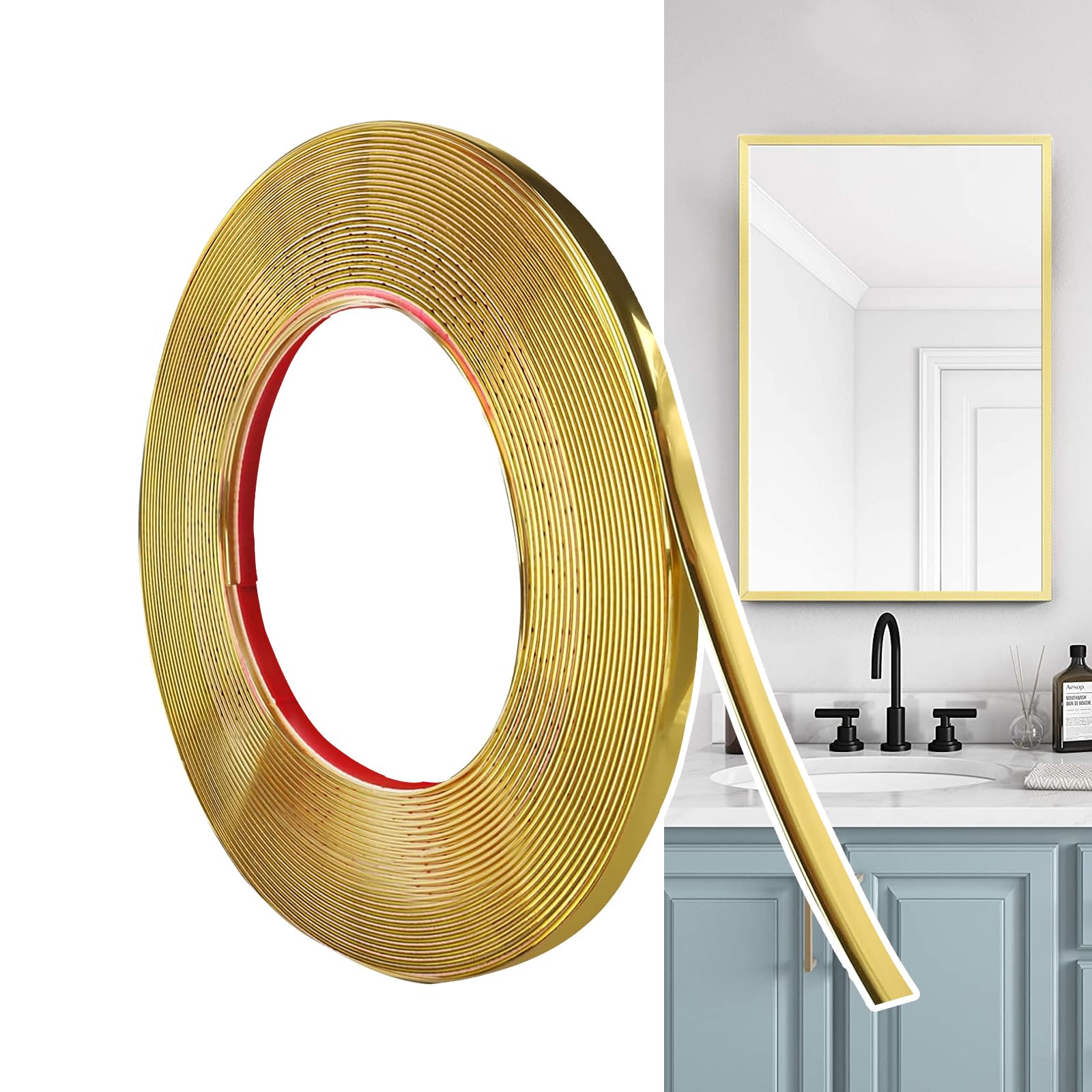 Hengrongshen Self Adhesive Moulding Trim Matte Gold (12M x 0.65cm) Flexible PVC Peel and Stick Wall Trim Decorative Edge Strip for Wall, Tile, Mirror, Window, Cabinet, Bathroom, DIY Trim