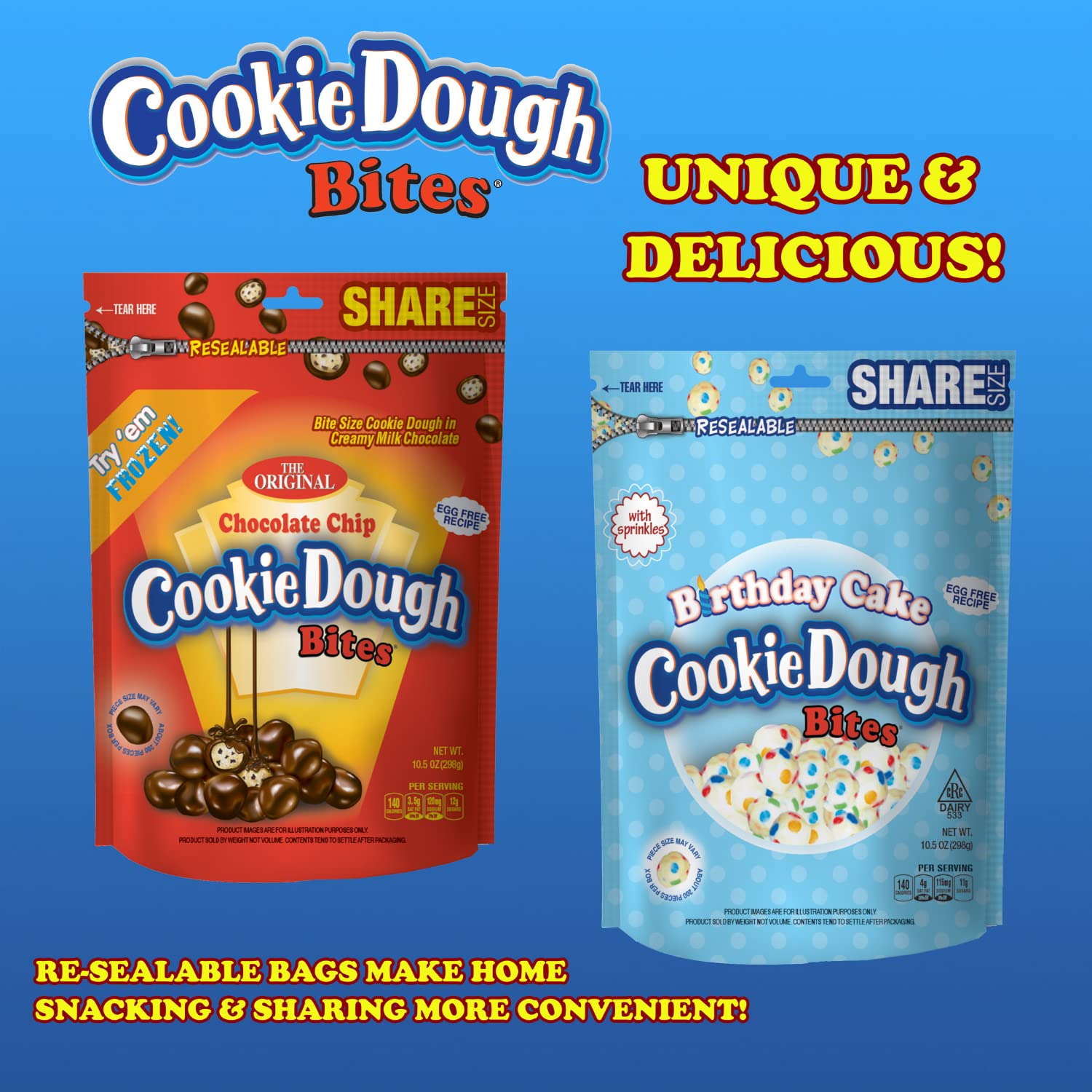 Cookie Dough Bites - Chocolate Chip - Stand-Up Bag of Chocolate-Covered Edible Cookie Dough Bites - Egg-Free Edible Cookie Dough Candy - 8 Count (10.5 oz each bag)