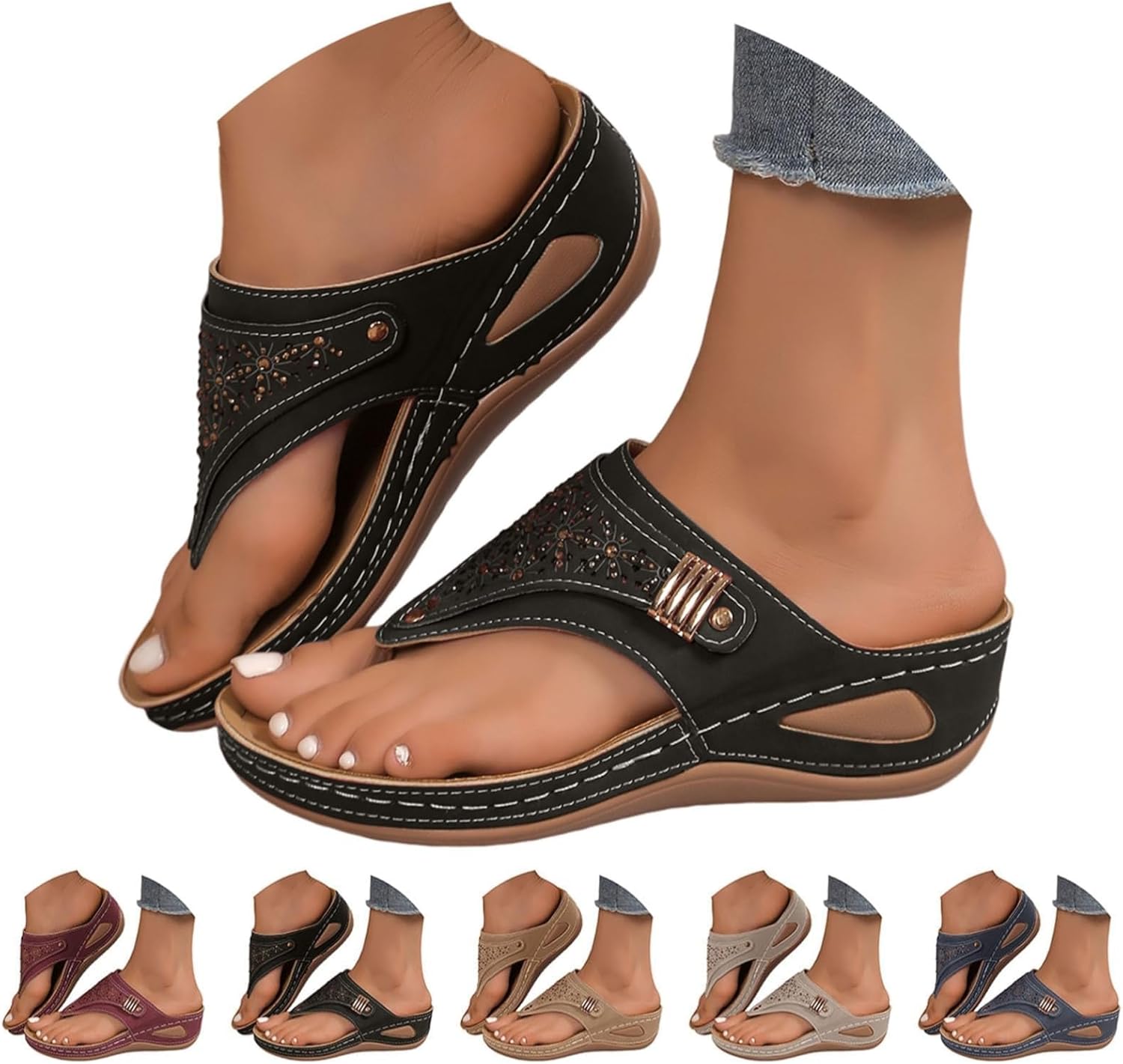 YOLAI Orthopedic Sandals for Women 2026 Summer Slip On Beach Flip Flops Dressy Arch Support Wedge Sandal Vintage Wide Width Sandals Casual Boho Slipper