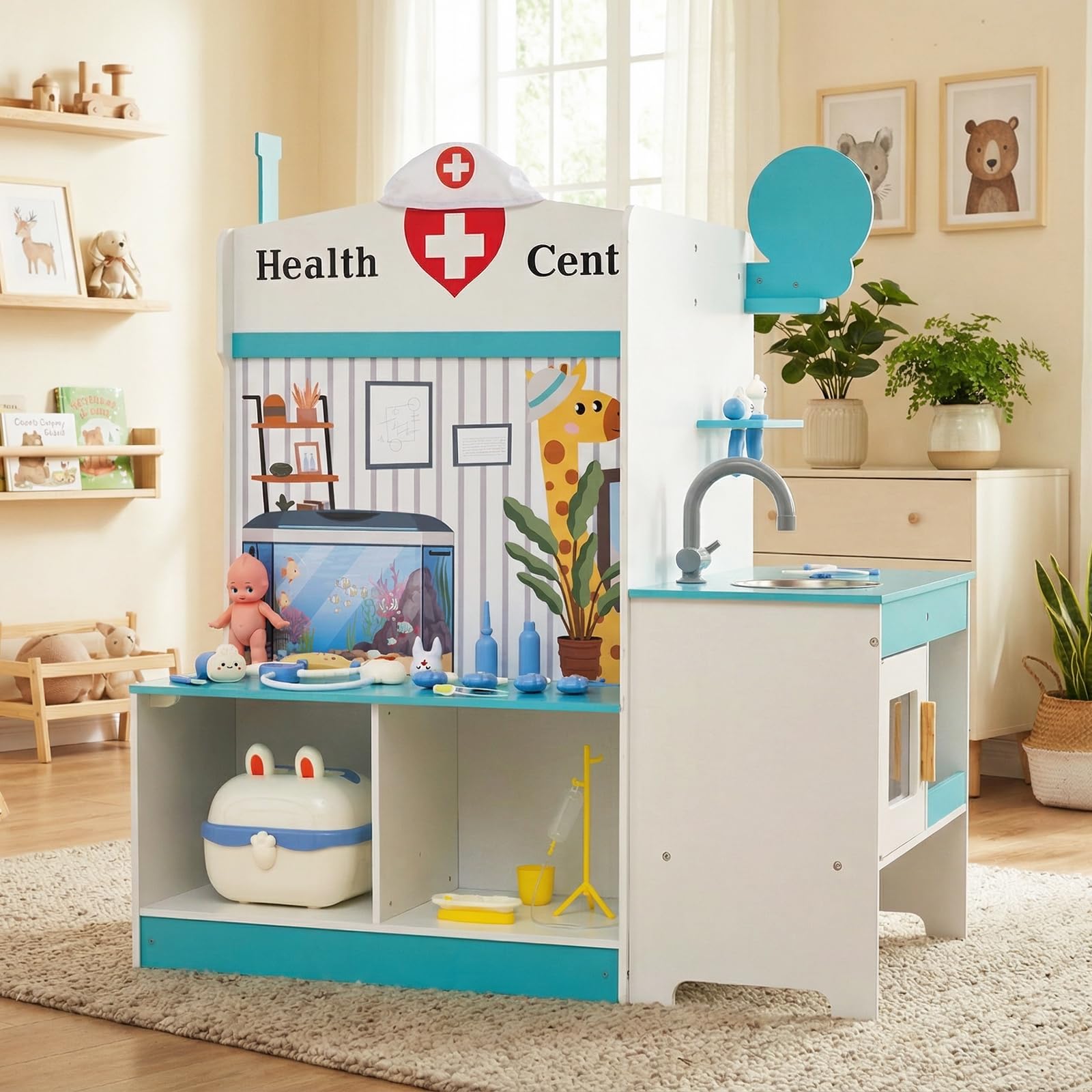 DREAMADE Doktor Spielset Holz, Krankenhaus Spielzeug für Kinder | Arztkoffer Arzt Rollenspielzeug mit Untersuchungszimmer & Waschbecken, Medizinisches Zentrum mit Check-in & Wartebereich