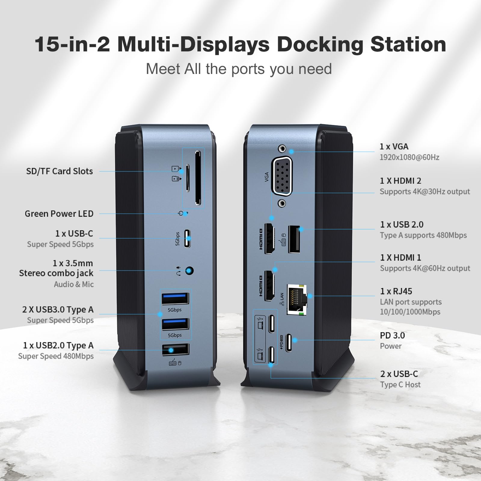 Docking Station USB C per MacBook Pro/Air, 15 in 1 USB C Hub Triple Monitor tramite VGA/2 HDMI, 100 W PD Laptop Dock per Lenovo, HP, Dell (USB-A/C 3.0 5GBPS, RJ45 Ethernet, Audio & Mic, SD/TF)